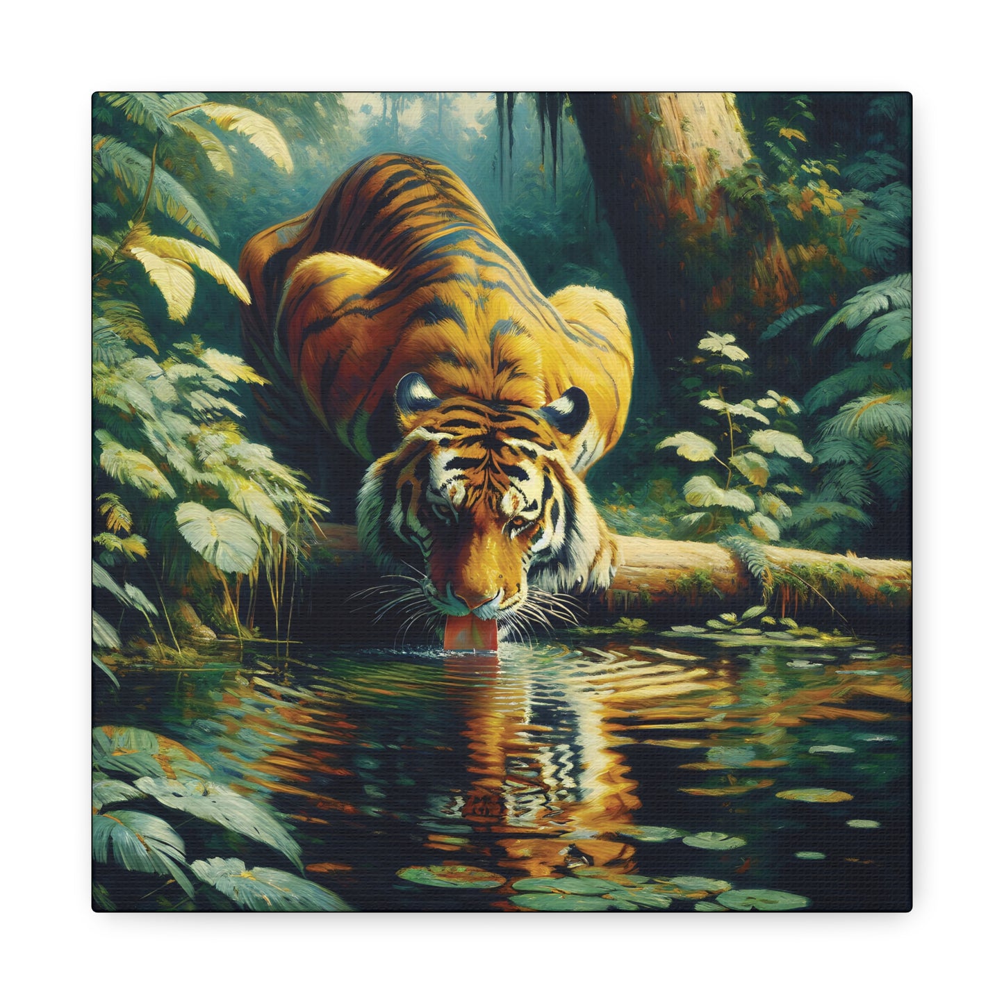 Tiger at Pond Impressionist Canvas Art Print