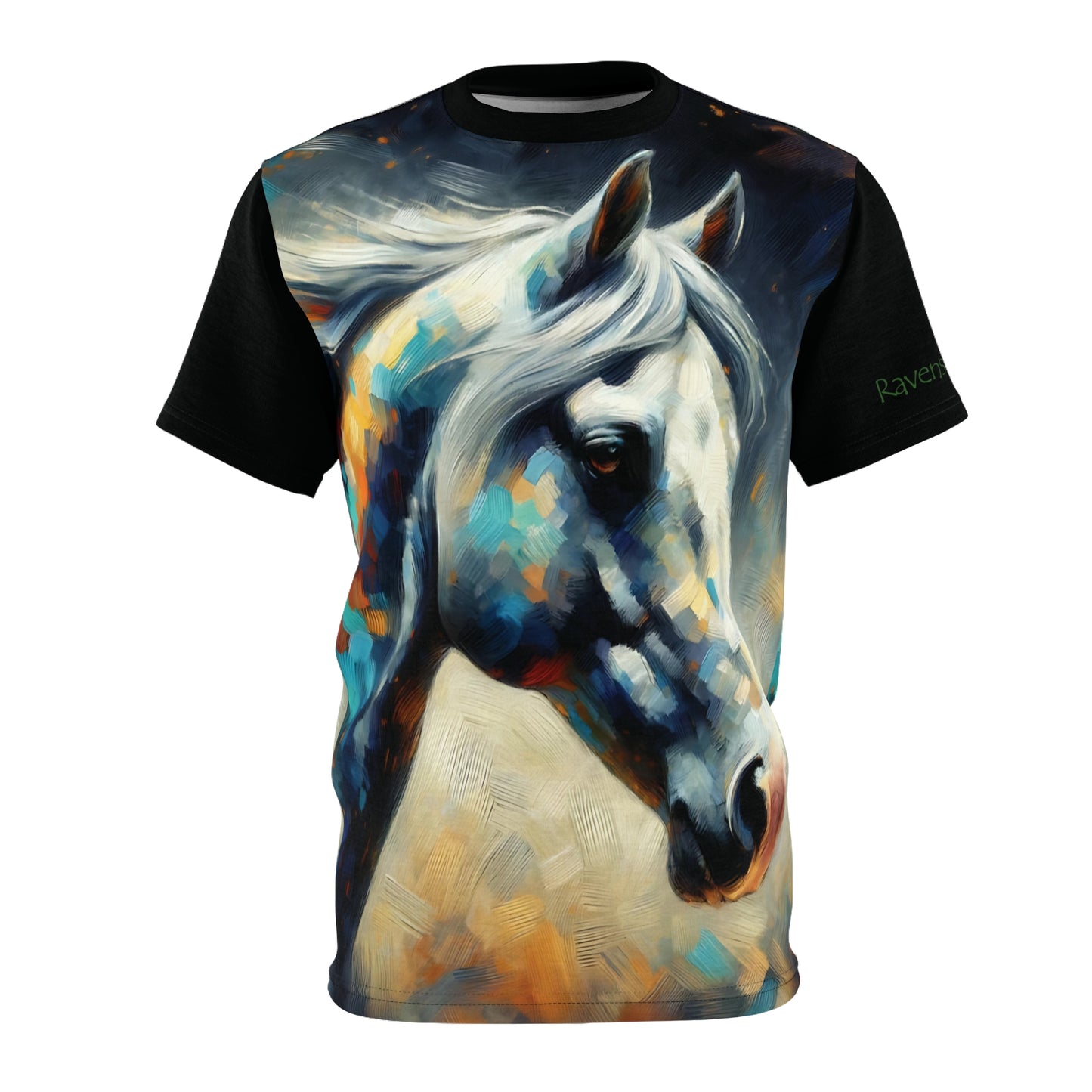 T-shirt with a colorful horse design on a white background