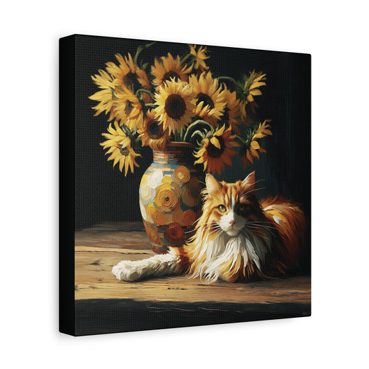 A canvas wall art print featuring an orange and white cat lying down next to a vase of sunflowers on a wooden surface.