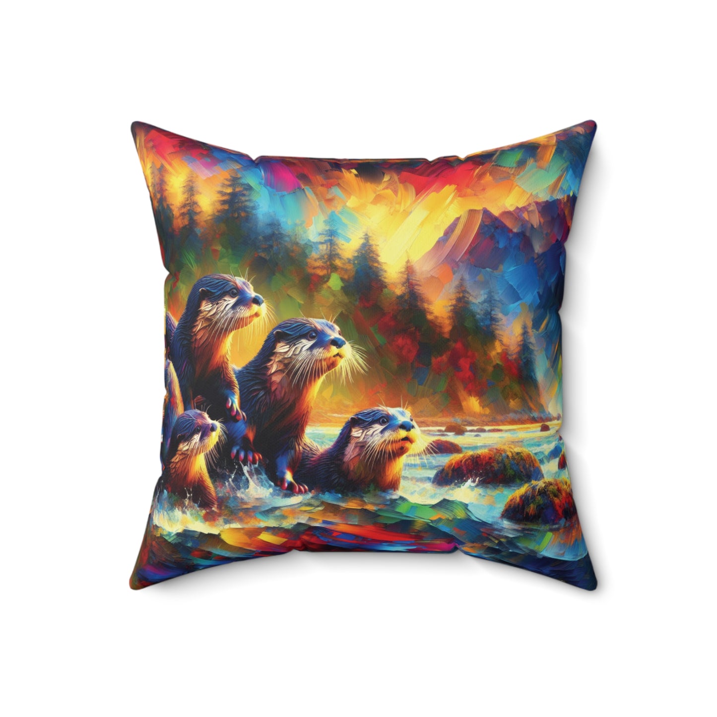 River Otters at Sunset - Spun Polyester Pillow