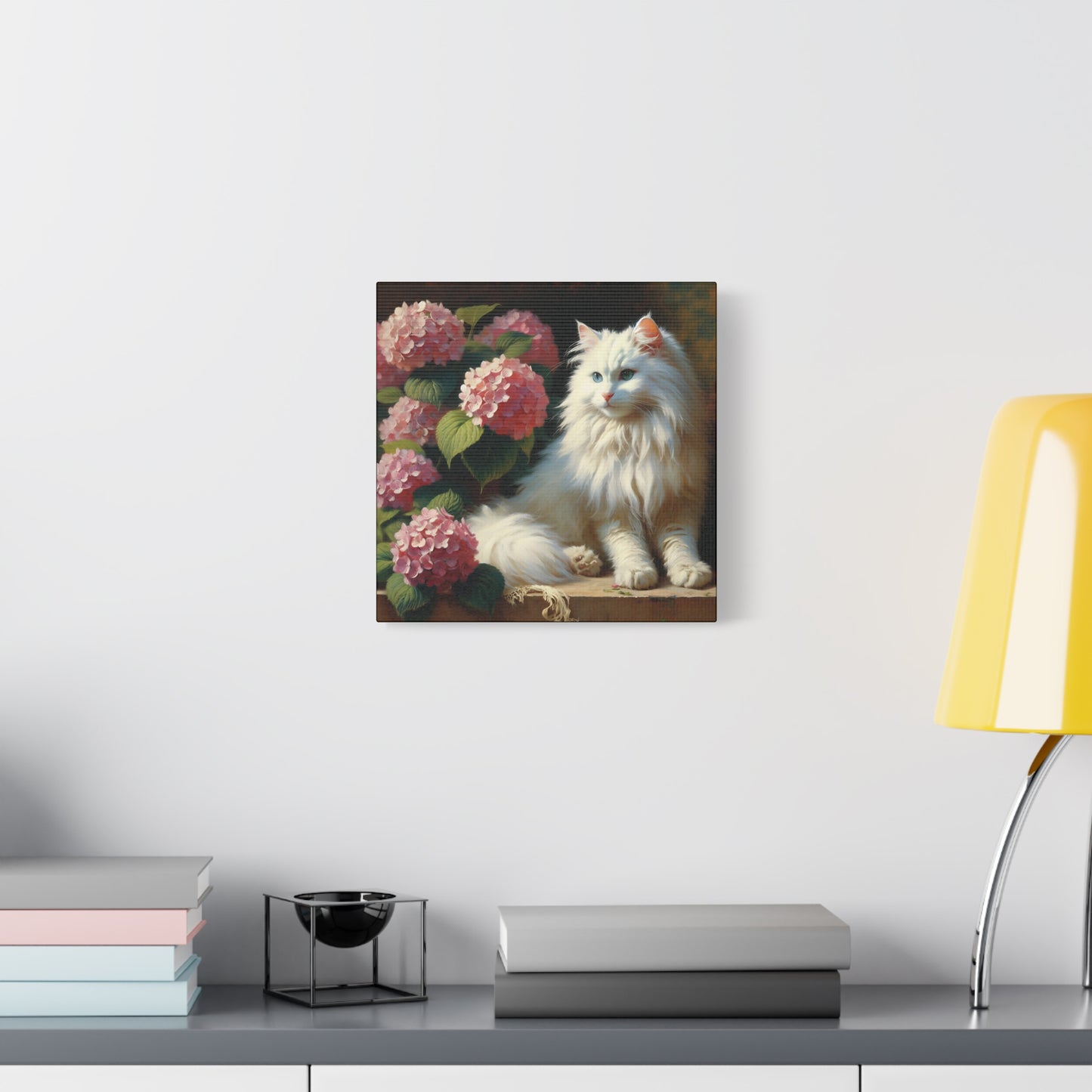 Canvas Wall Art - Blue-Eyed White Cat with Pink Hydrangeas, Impressionist Style Square Print