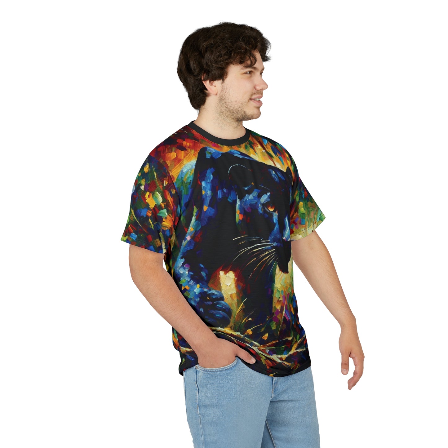 Stalking Black Panther in Jungle Vibrant Art Tee | Colorful Unisex Cut & Sew T-Shirt, Wildlife Apparel, Unique Graphic Tee, Birthday Gift