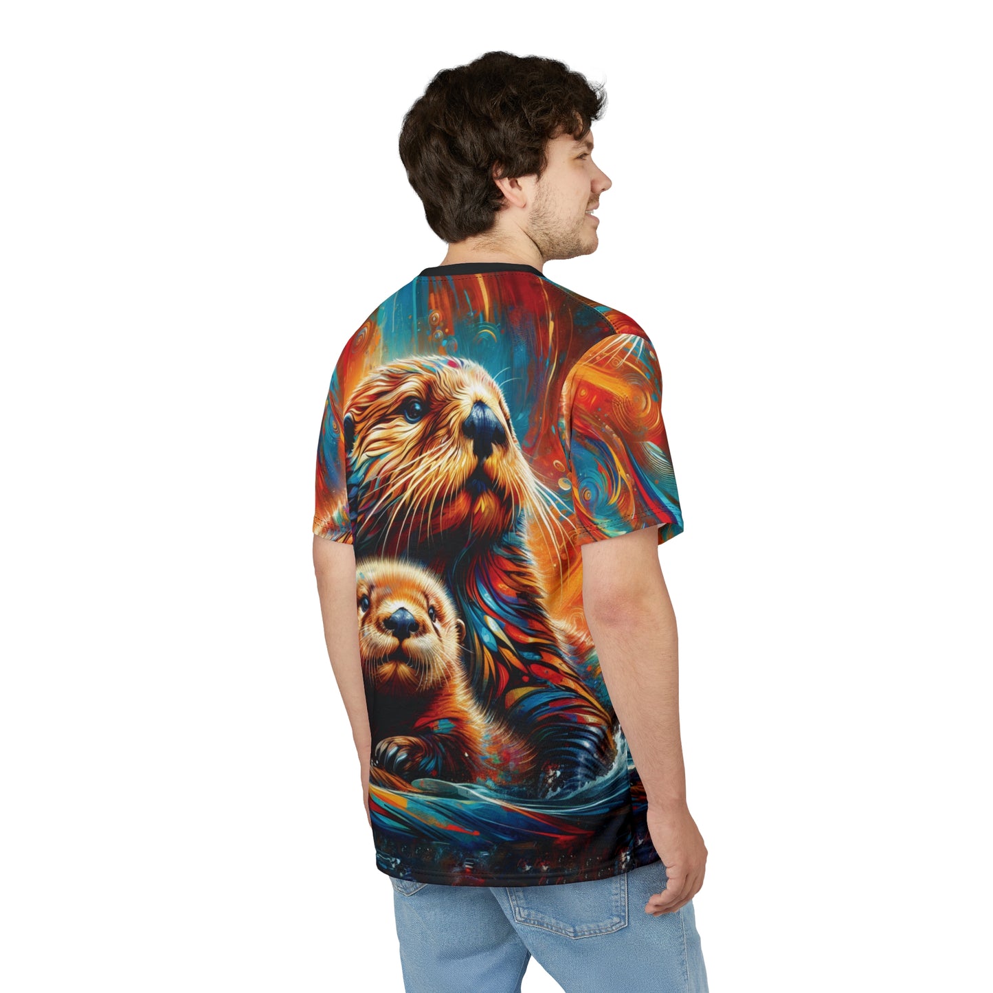 Sea Otters at Sunset Vibrant Art Tee | Colorful Unisex Cut & Sew T-Shirt, Wildlife Apparel, Unique Graphic Tee, Birthday Gift
