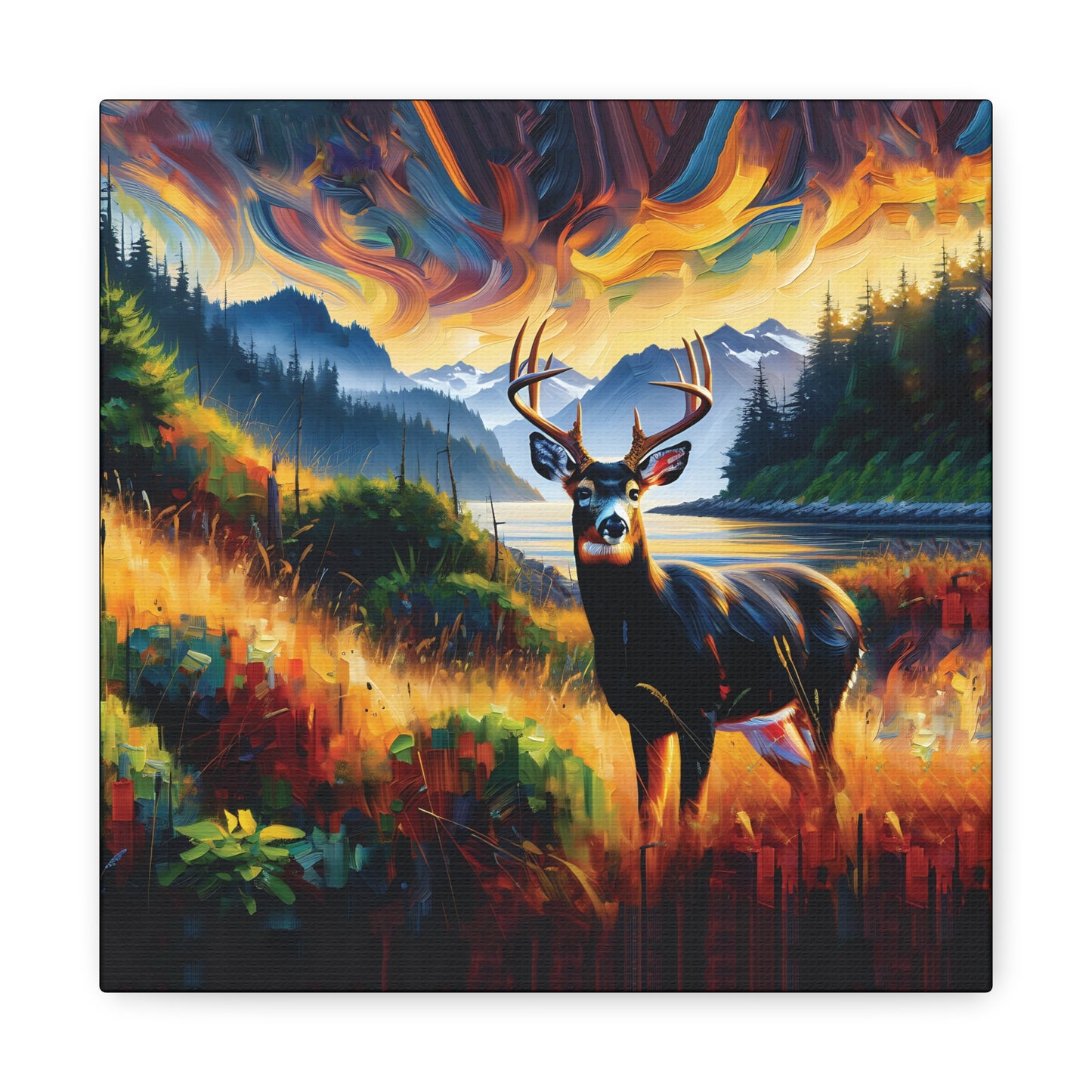 Canvas Wall Art - Black Tail Buck in Olympic National Park - Colorful Expressionist Art Style Print