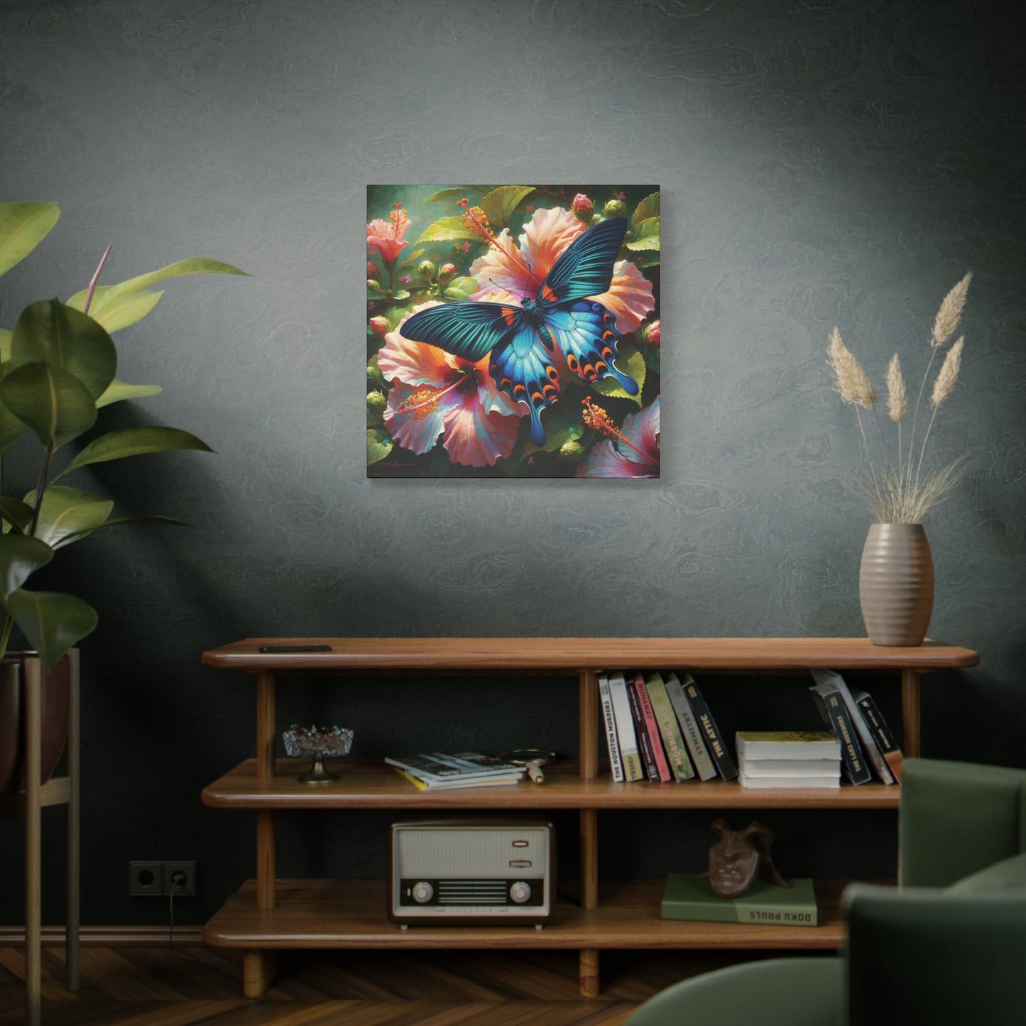 Butterfly Canvas Wall Art - Blue Butterfly with Hibiscus, Impressionist Art Style