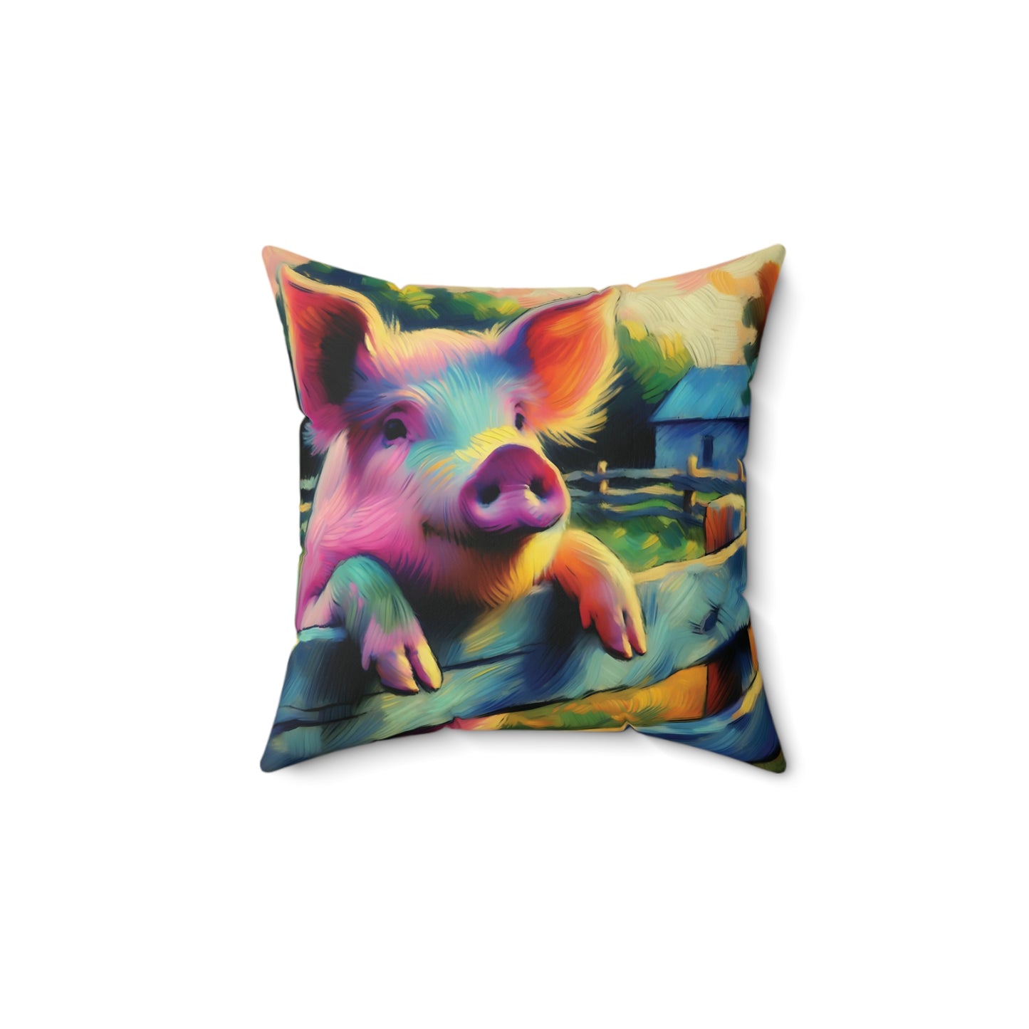 Pig Throw Pillow - Impressionist Style Art - Cute Pig with Fence on Faux Suede Square Pillow