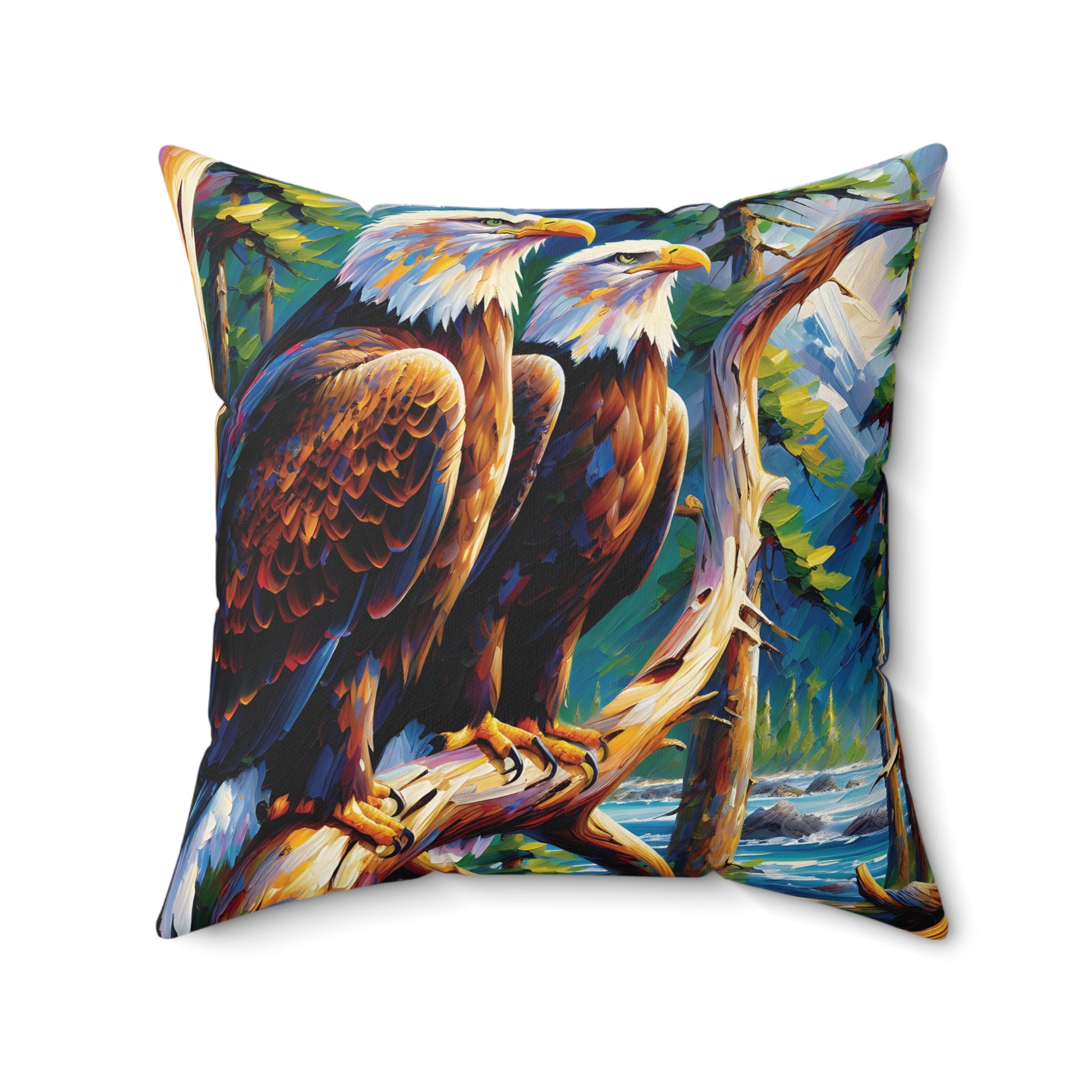 Decorative pillow with two bald eagles on a branch design.