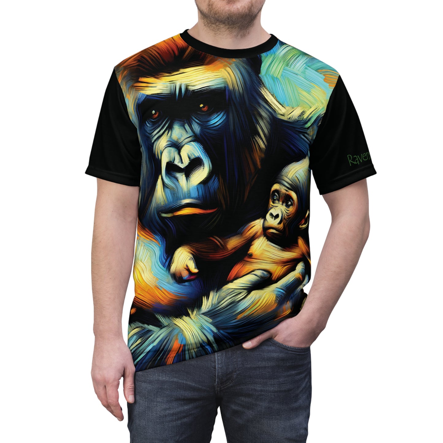 Gorilla Holding Baby Art Tee | Colorful Unisex Cut & Sew T-Shirt, Wildlife Apparel, Unique Graphic Tee, Birthday Gift