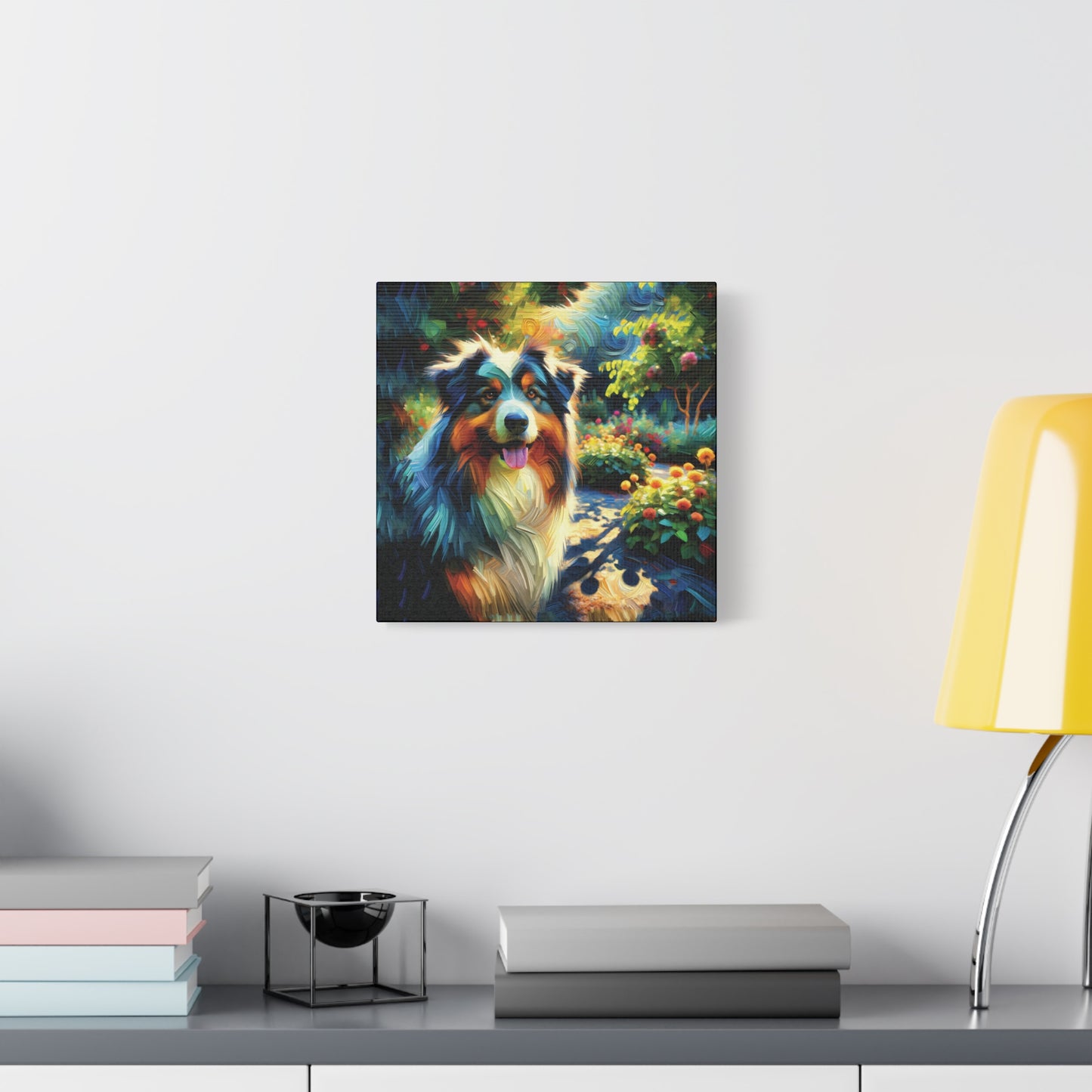 Canvas Wall Art - Australian Shepherd on Garden Path, Contemporary Impressionist Art Print