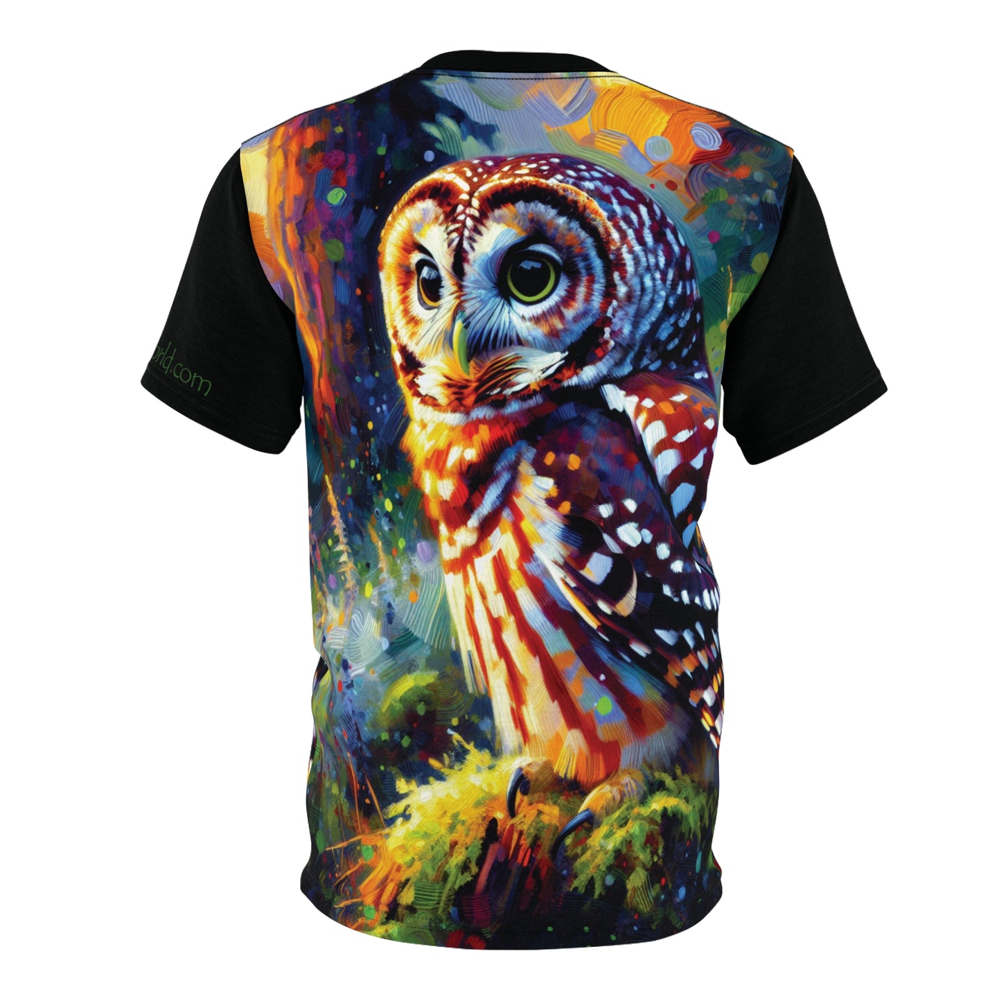 Barred Owl at Sunset Vibrant Art Tee | Colorful Unisex Cut & Sew T-Shirt, Wildlife Apparel, Unique Graphic Tee, Birthday Gift