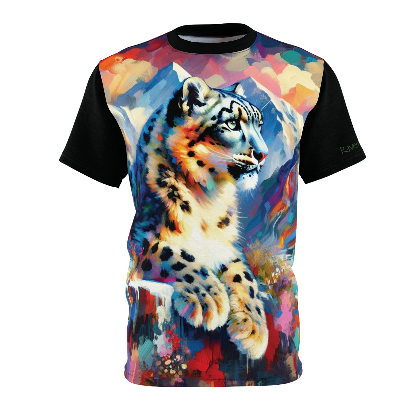 T-shirt with a colorful snow leopard design on a white background