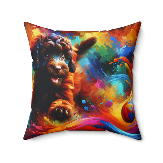 Brown Poodle Playing - Square Pillow