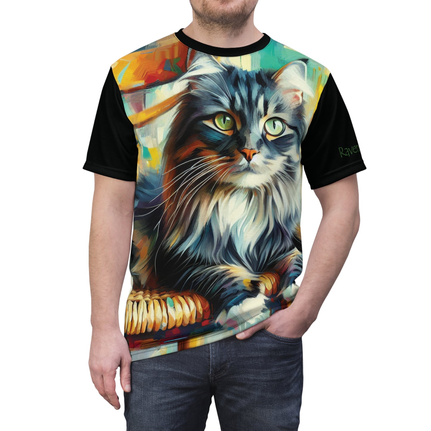Longhaired Cat on Wooden Chair Vibrant Art Tee | Colorful Unisex Cut & Sew T-Shirt, Wildlife Apparel, Unique Graphic Tee, Birthday Gift