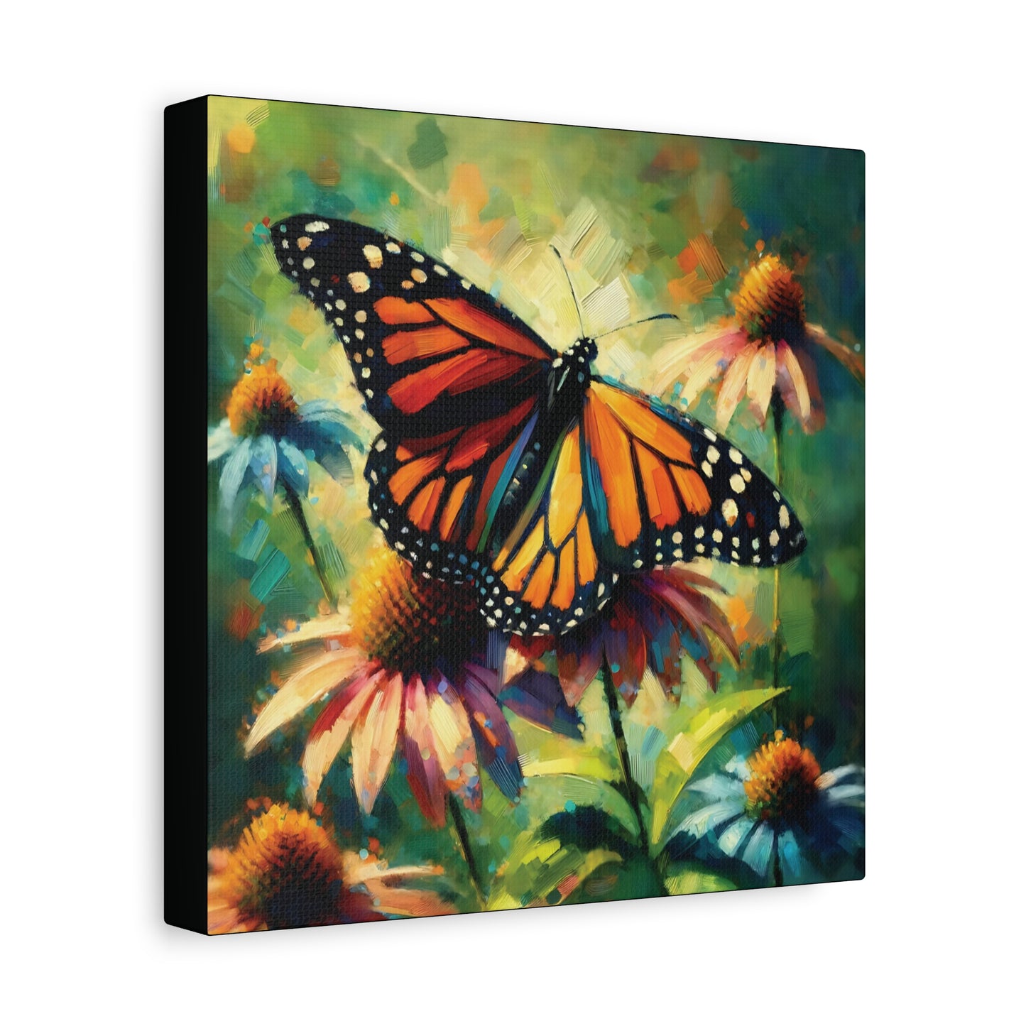Canvas print of a monarch butterfly on flowers with a colorful background