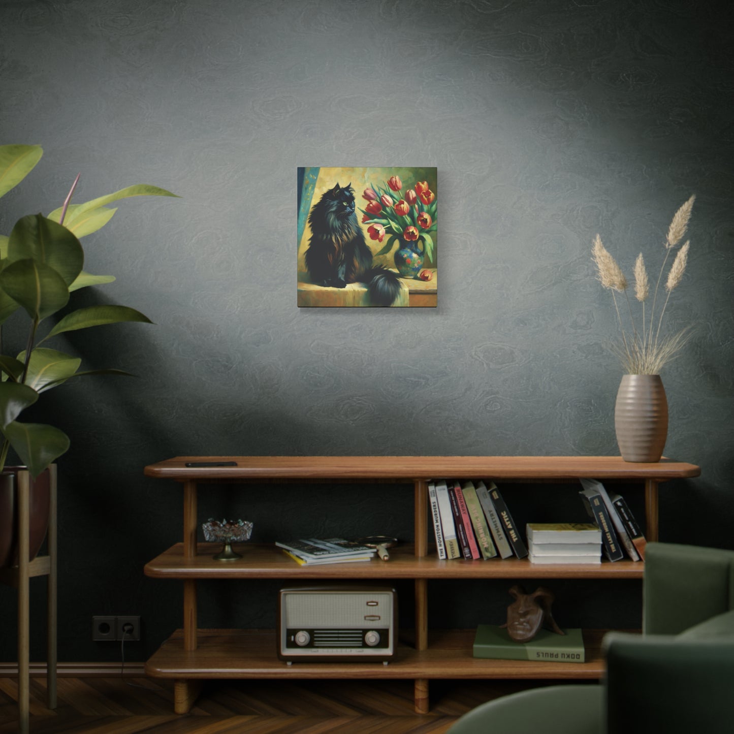 The Artist's Black Cat with Red Tulips - Impressionist Canvas Wall Art