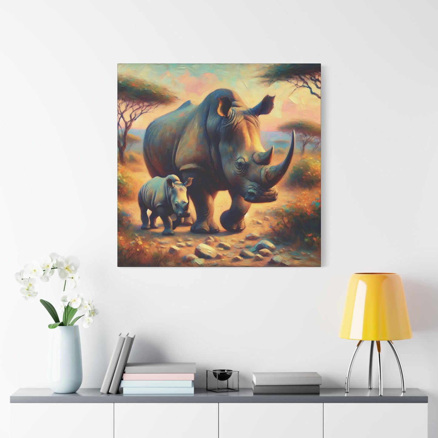 Rhino with Baby Impressionist Canvas Wall Art