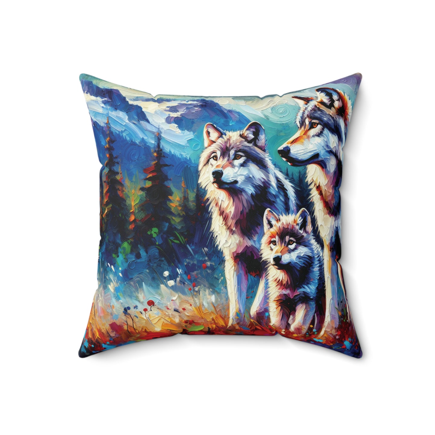 Gray Wolf Family - Square Throw Pillows