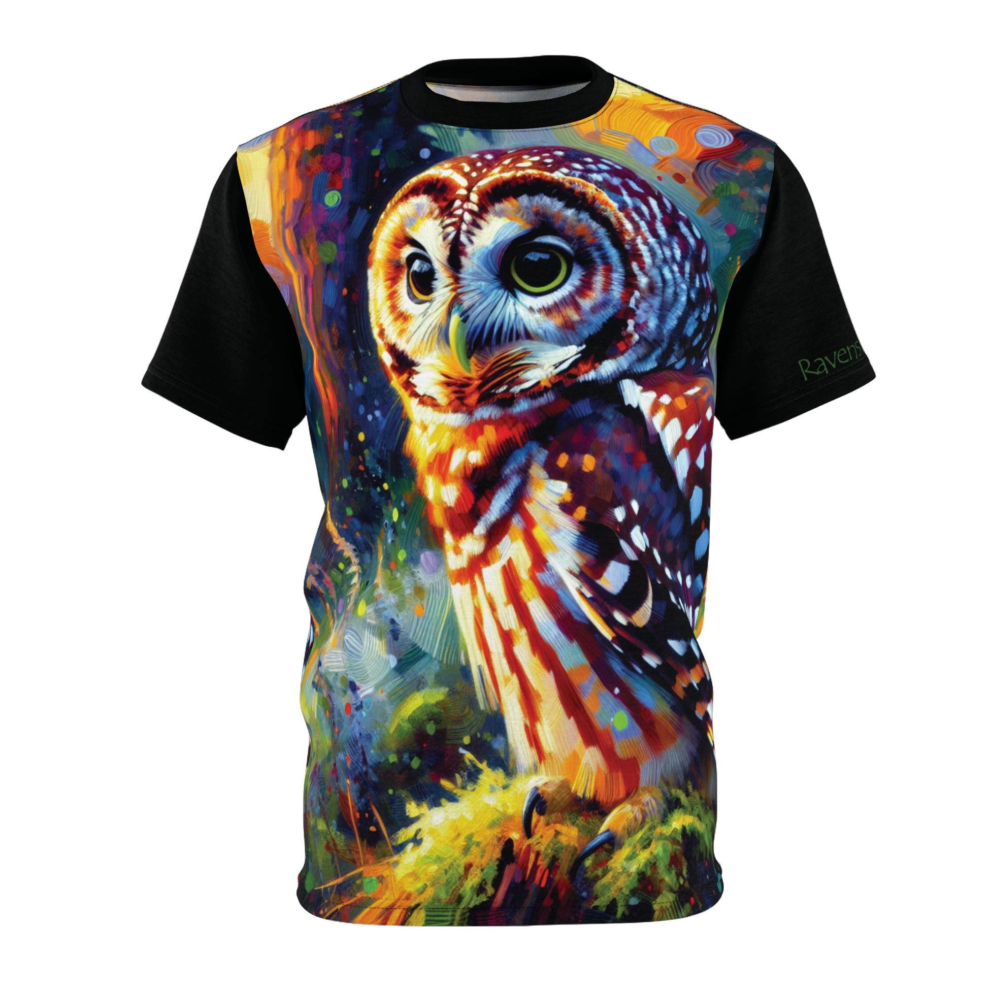 Colorful t-shirt with an owl design on a white background