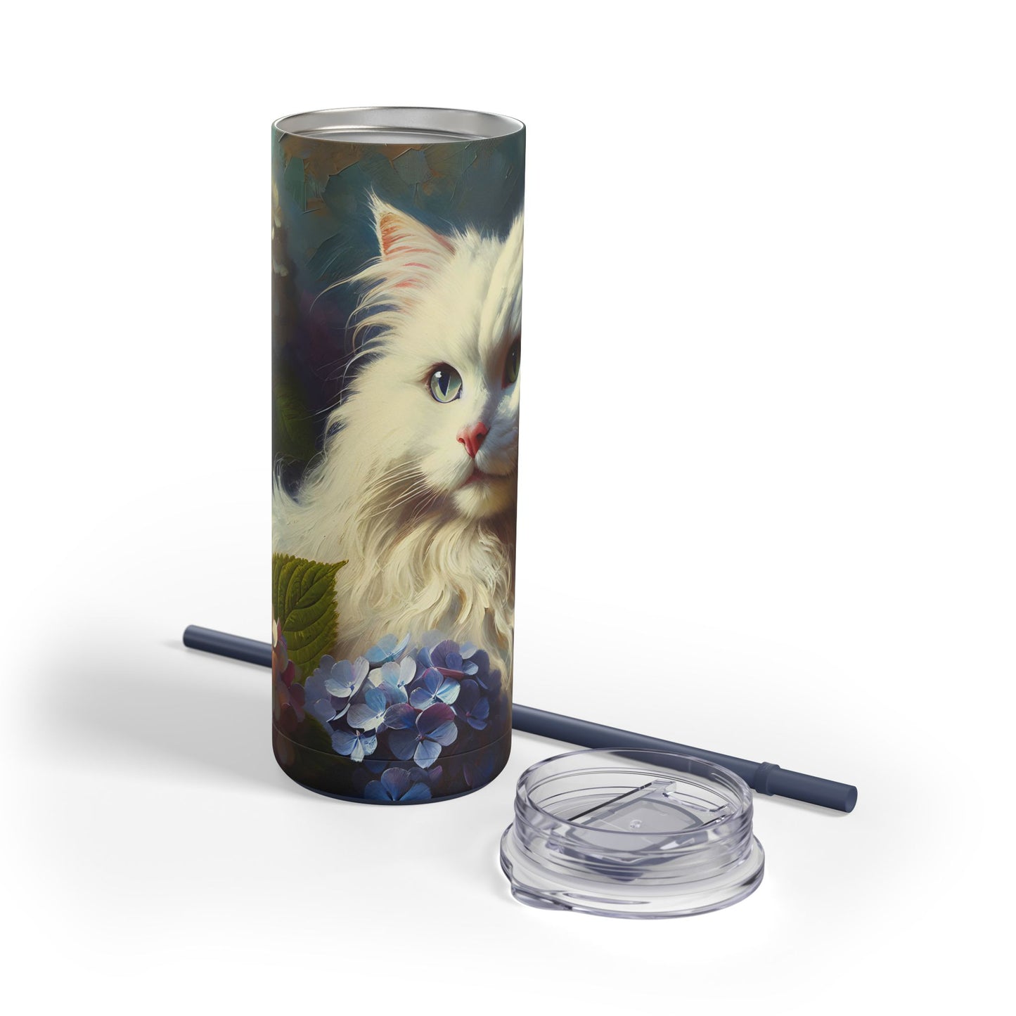 Travel Mug - The Artist's White Cat with Hydrangeas - Impressionist Art Style
