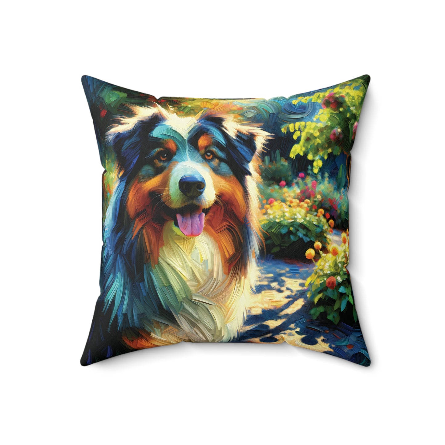 Australian Shepherd on Garden Path - Square Throw Pillows