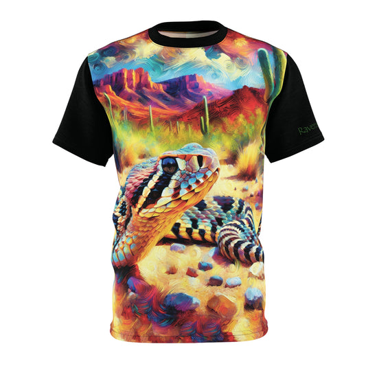 T-shirt with a colorful desert scene and snake design on a white background