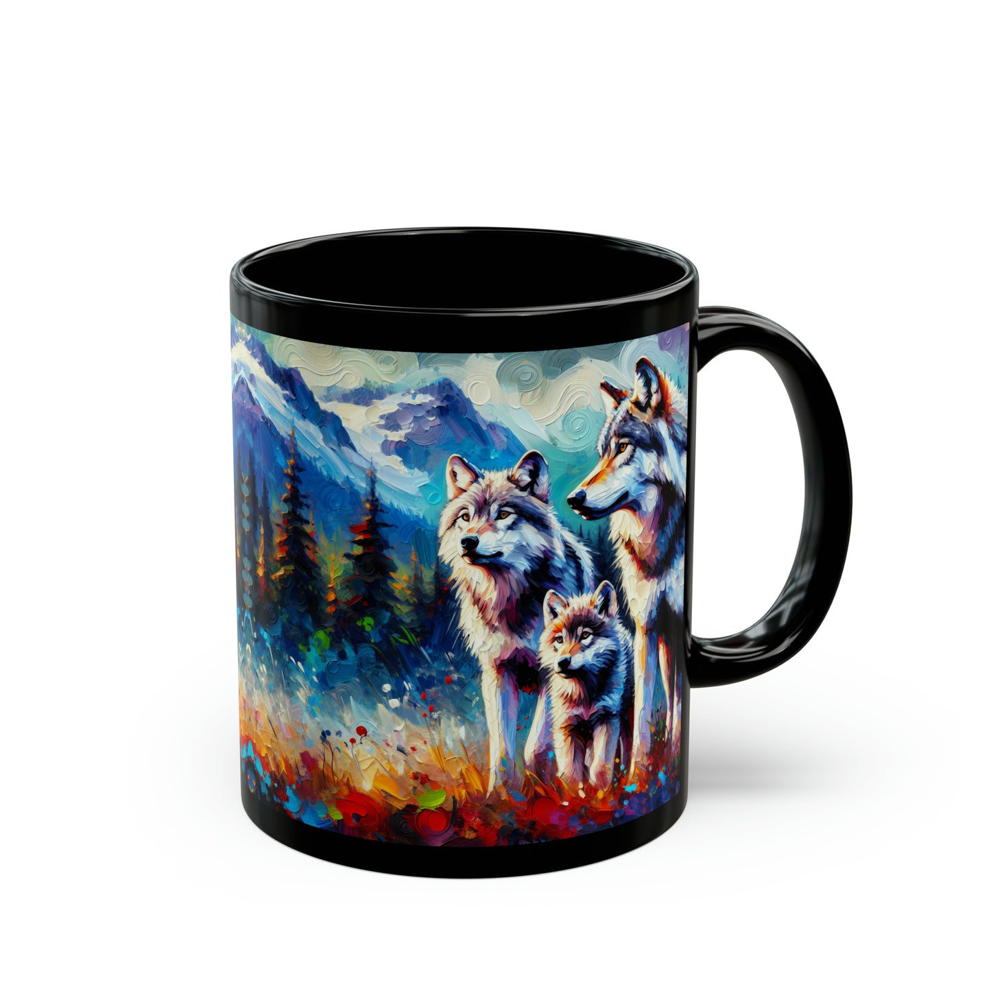 Gray Wolf Family - Black Mugs (11oz, 15oz)