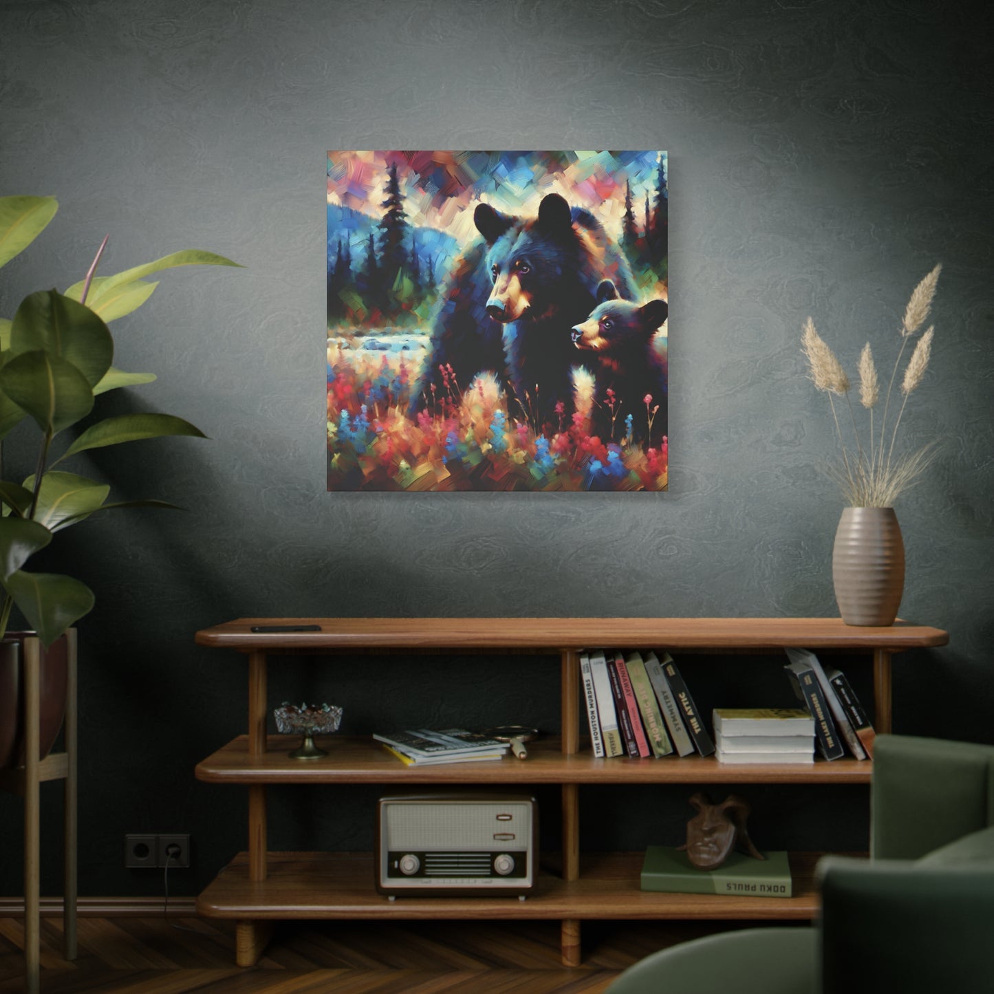Canvas Wall Art - Black Bear with Cub in Forest Clearing - Contemporary Impressionist Art Print