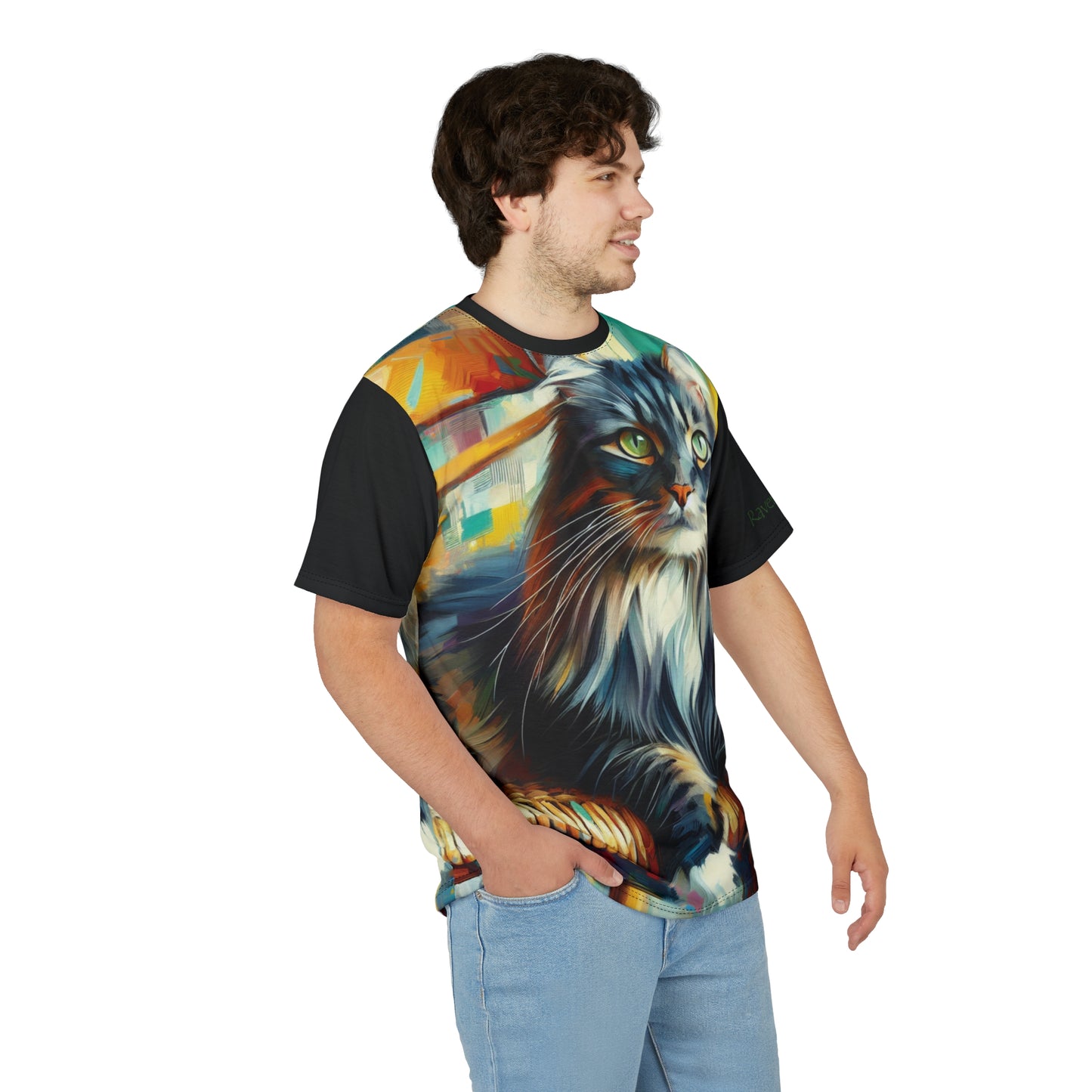 Longhaired Cat on Wooden Chair Vibrant Art Tee | Colorful Unisex Cut & Sew T-Shirt, Wildlife Apparel, Unique Graphic Tee, Birthday Gift