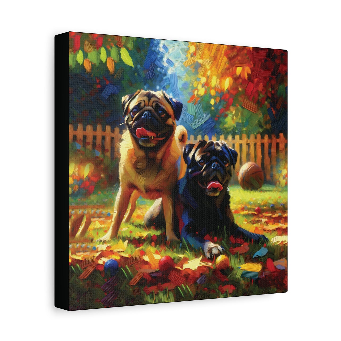 Canvas print of two pugs playing with a ball in a colorful garden setting.
