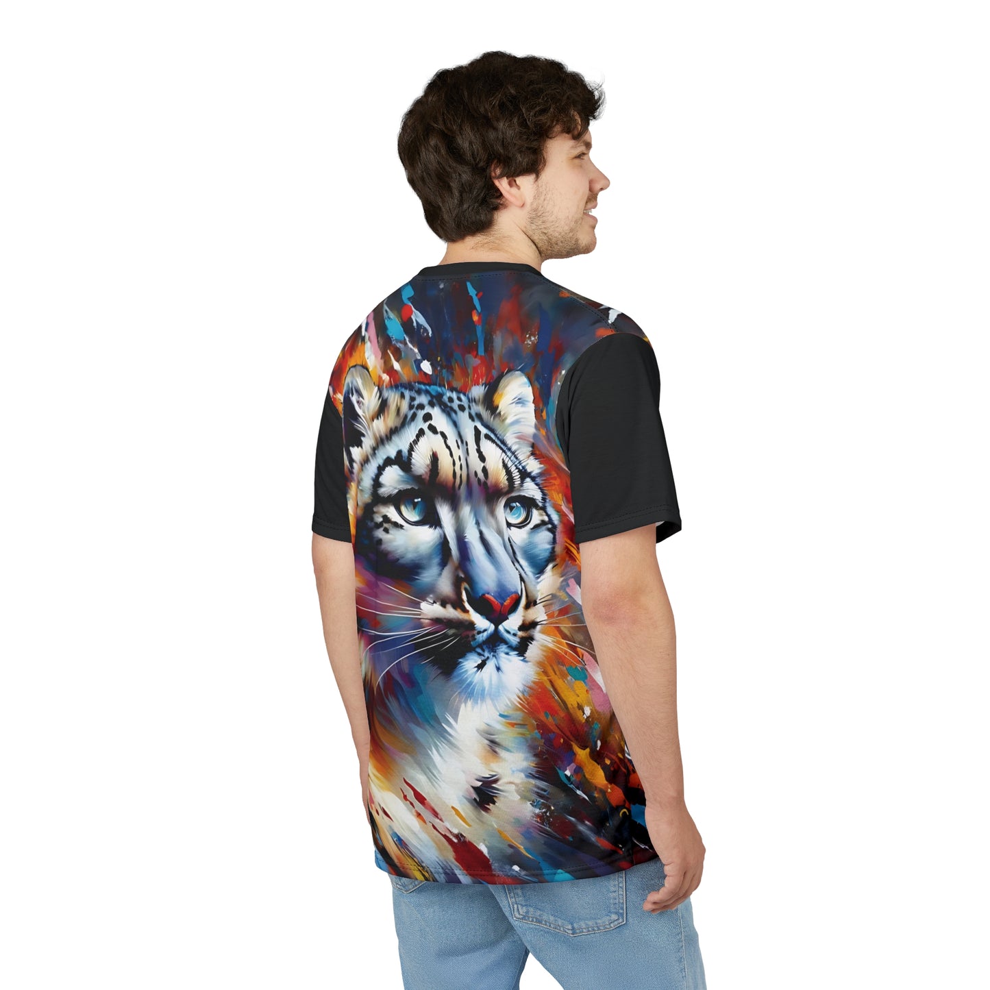 Colorful Snow Leopard Vibrant Art Tee | Colorful Unisex Cut & Sew T-Shirt, Wildlife Apparel, Unique Graphic Tee, Birthday Gift