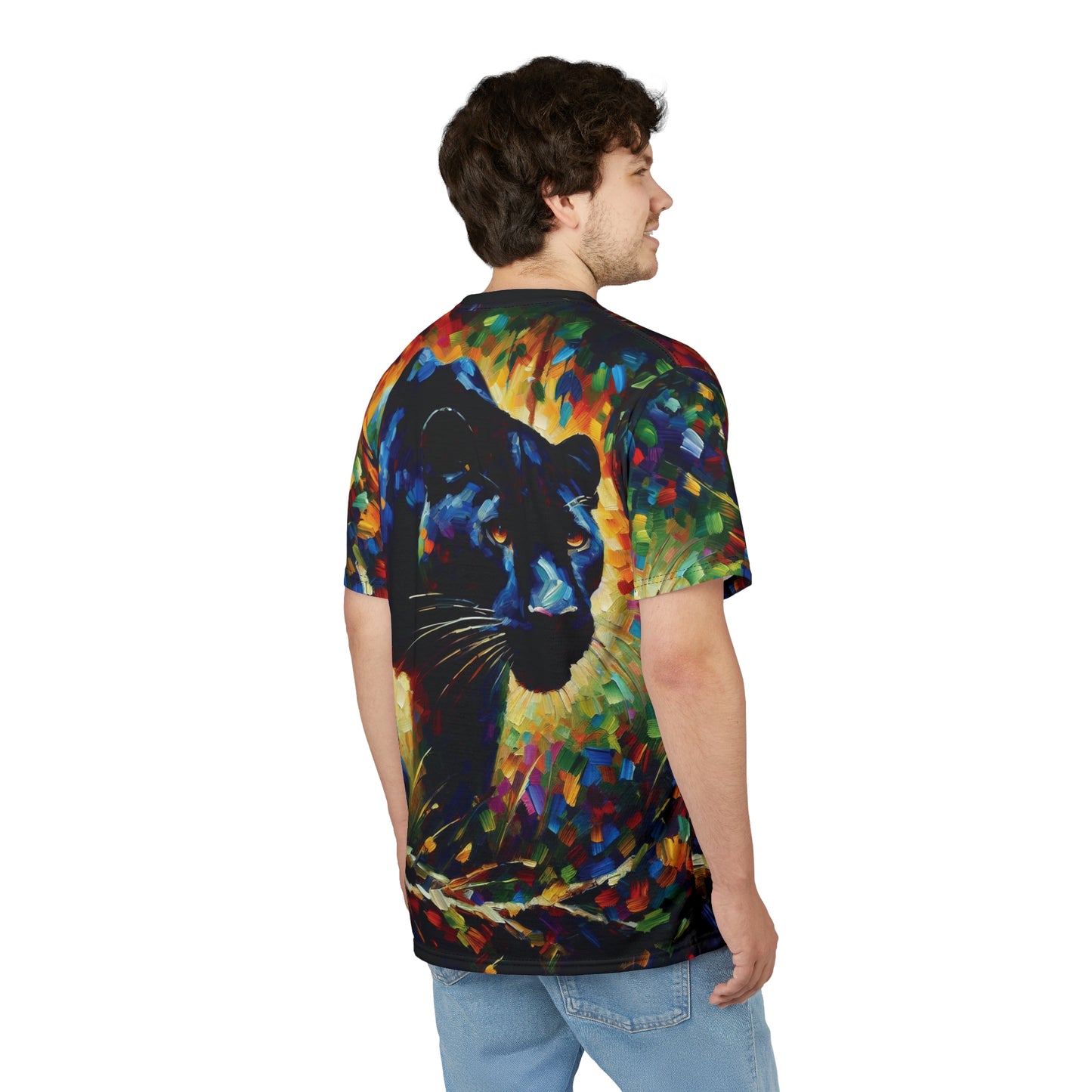 Stalking Black Panther in Jungle Vibrant Art Tee | Colorful Unisex Cut & Sew T-Shirt, Wildlife Apparel, Unique Graphic Tee, Birthday Gift