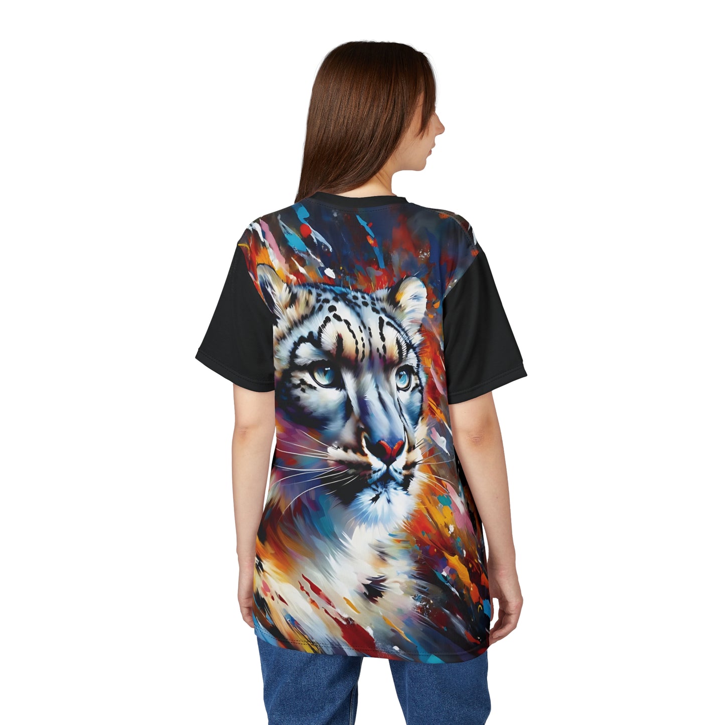 Colorful Snow Leopard Vibrant Art Tee | Colorful Unisex Cut & Sew T-Shirt, Wildlife Apparel, Unique Graphic Tee, Birthday Gift