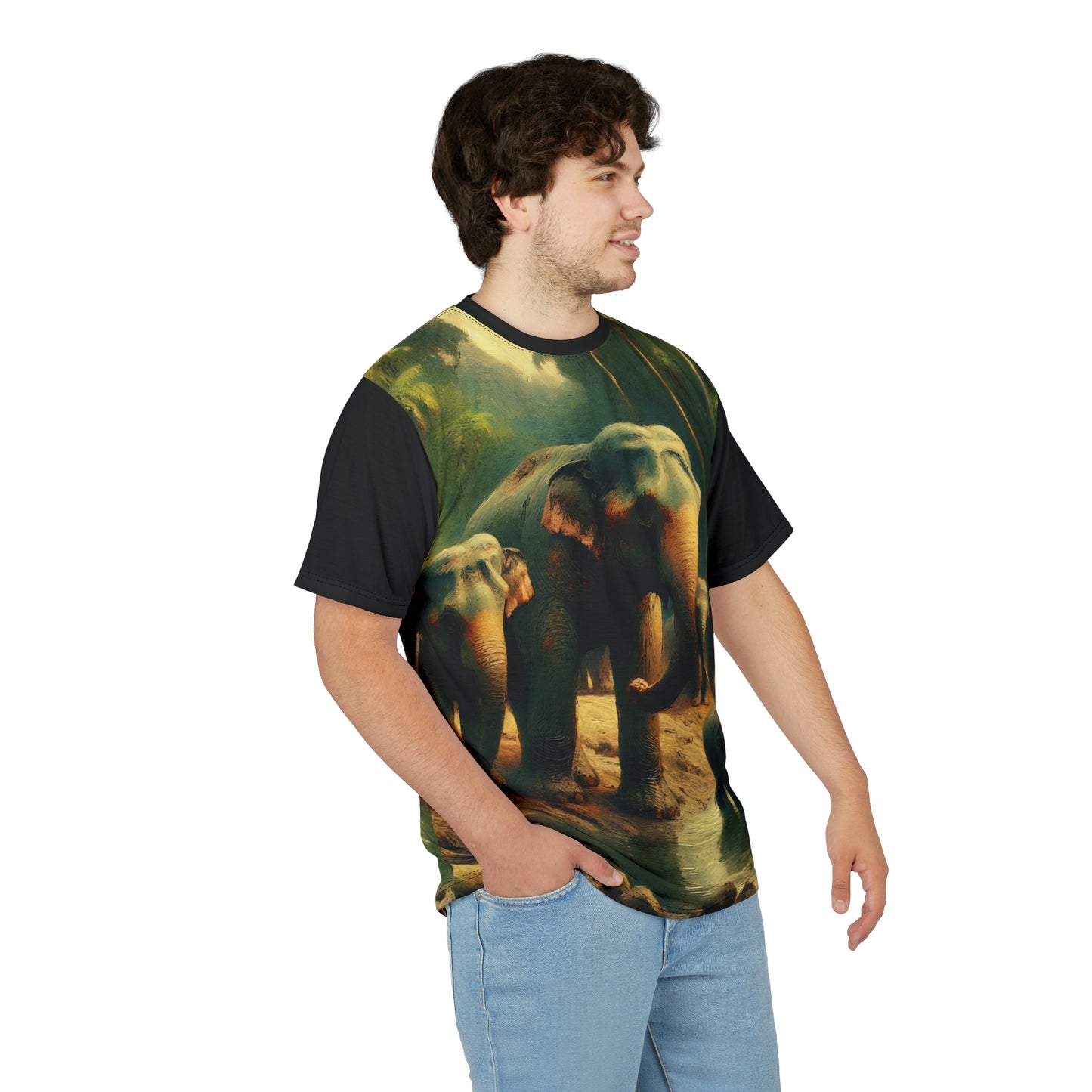 Asiatic Elephant Herd at Watering Hole Vibrant Art Tee | Colorful Unisex Cut & Sew T-Shirt, Wildlife Apparel, Unique Graphic Tee, Birthday Gift