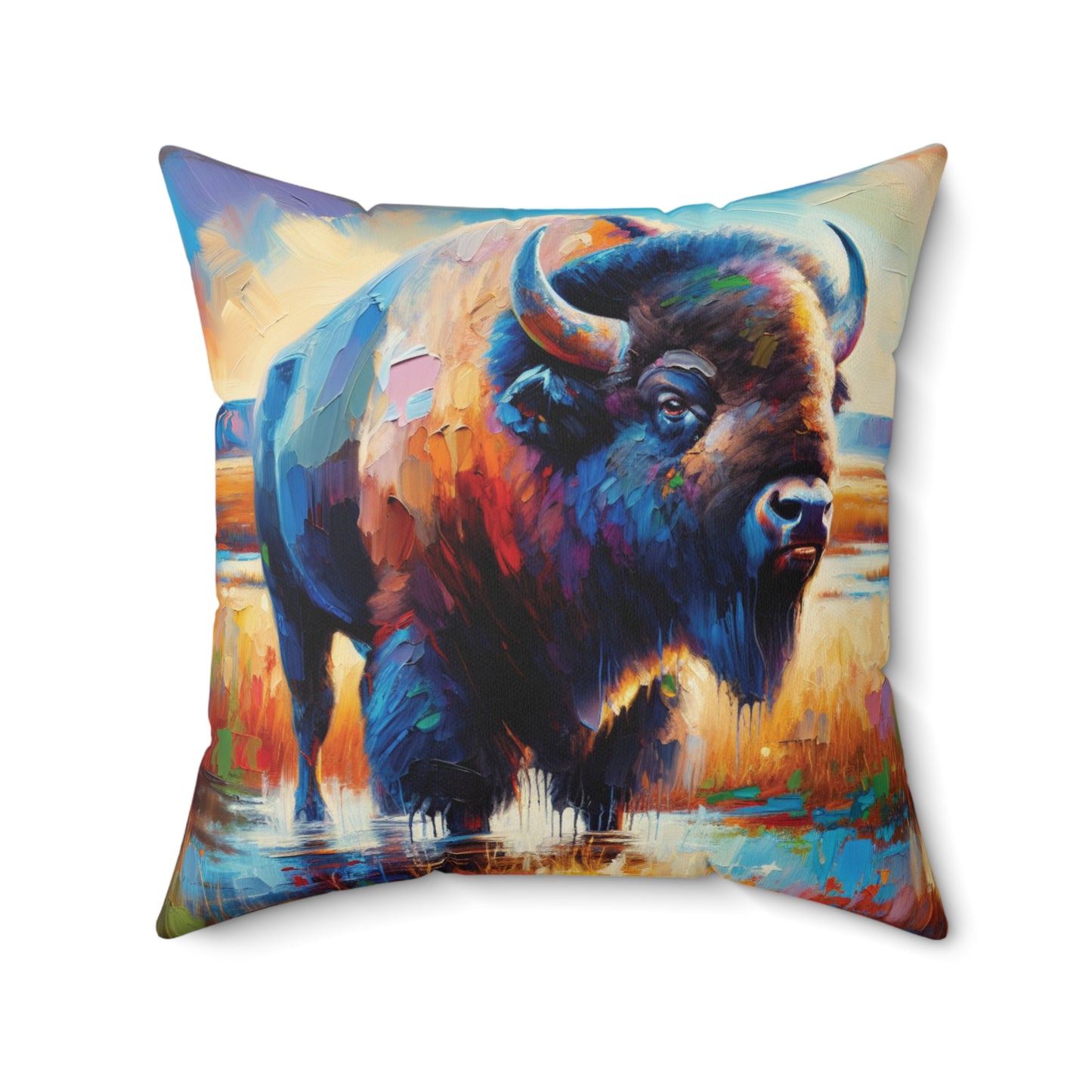 Lone Bison After Rain -  Square Throw Pillows