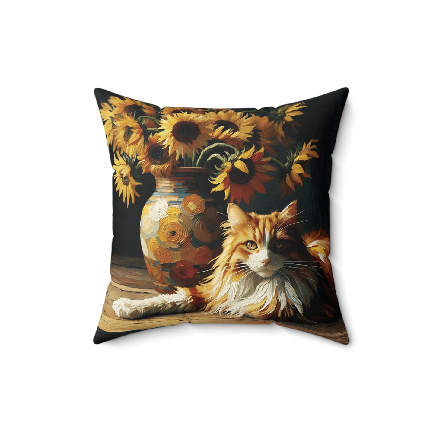Throw Pillow - Orange and White Cat with Sunflowers Cozy Decorative Cushion - Cozy Faux Suede Cover