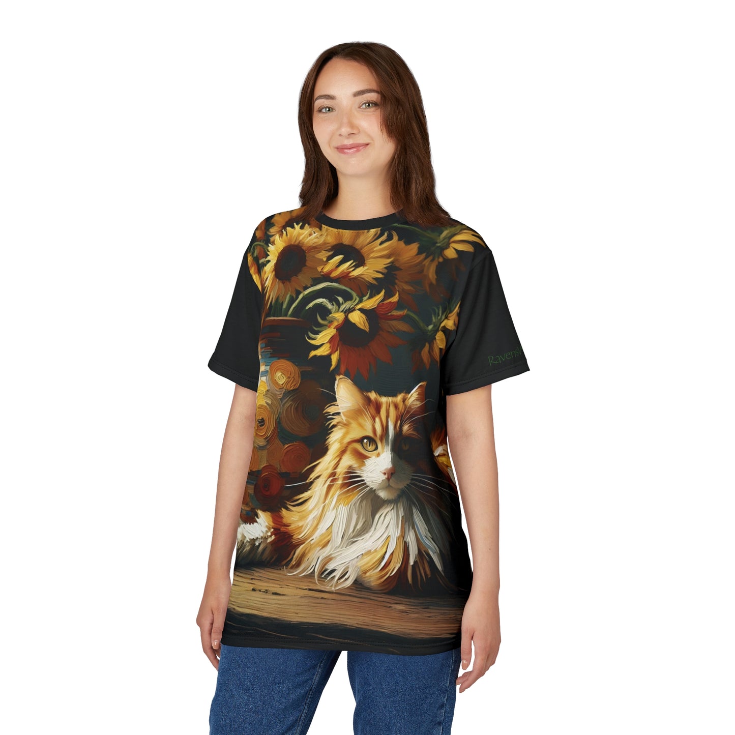 Orange and White Cat with Sunflowers Vibrant Art Tee | Colorful Unisex Cut & Sew T-Shirt, Cat Lover Apparel, Unique Graphic Tee, Birthday Gift