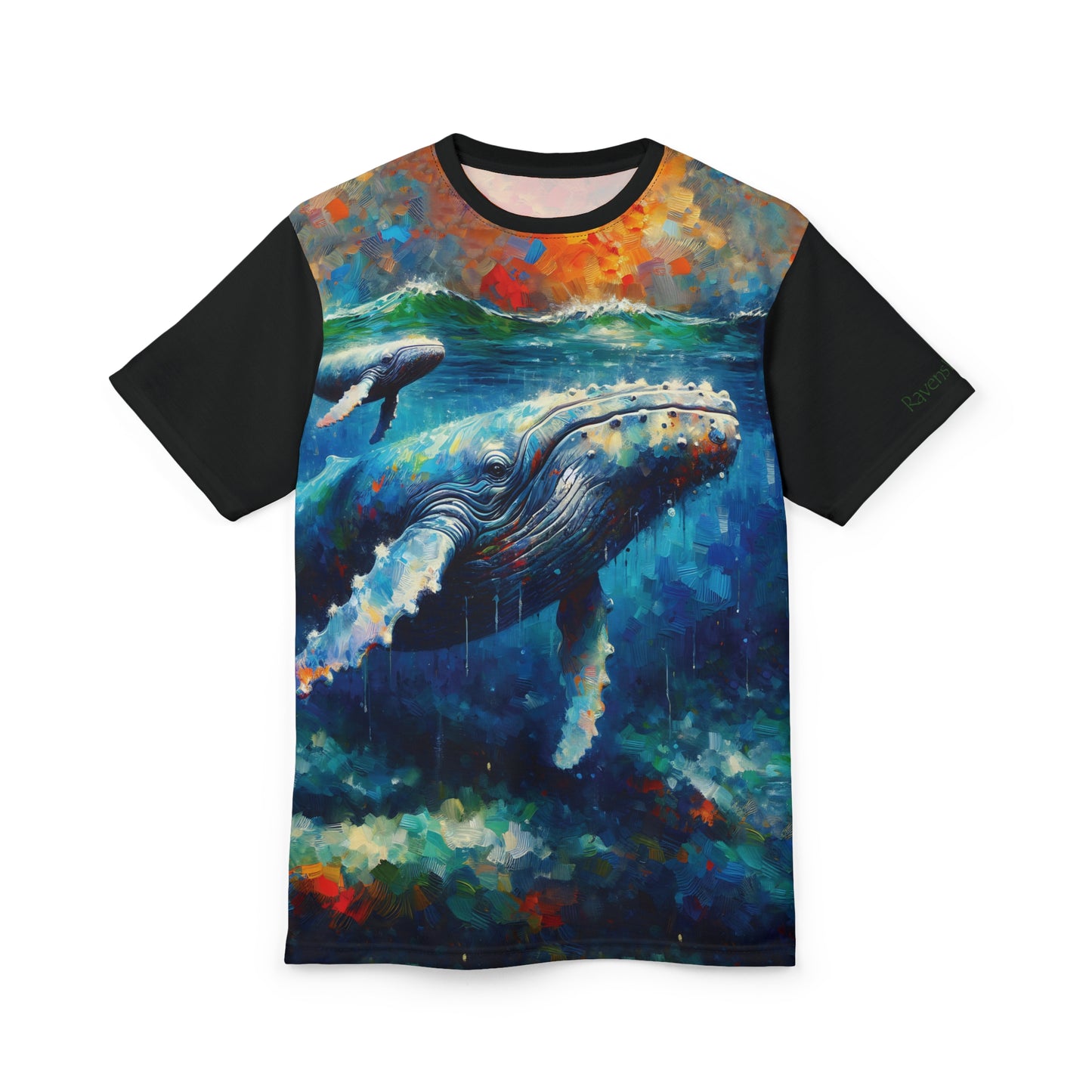 Humpback Whale and Calf Art Tee | Colorful Unisex Cut & Sew T-Shirt, Wildlife Apparel, Unique Graphic Tee