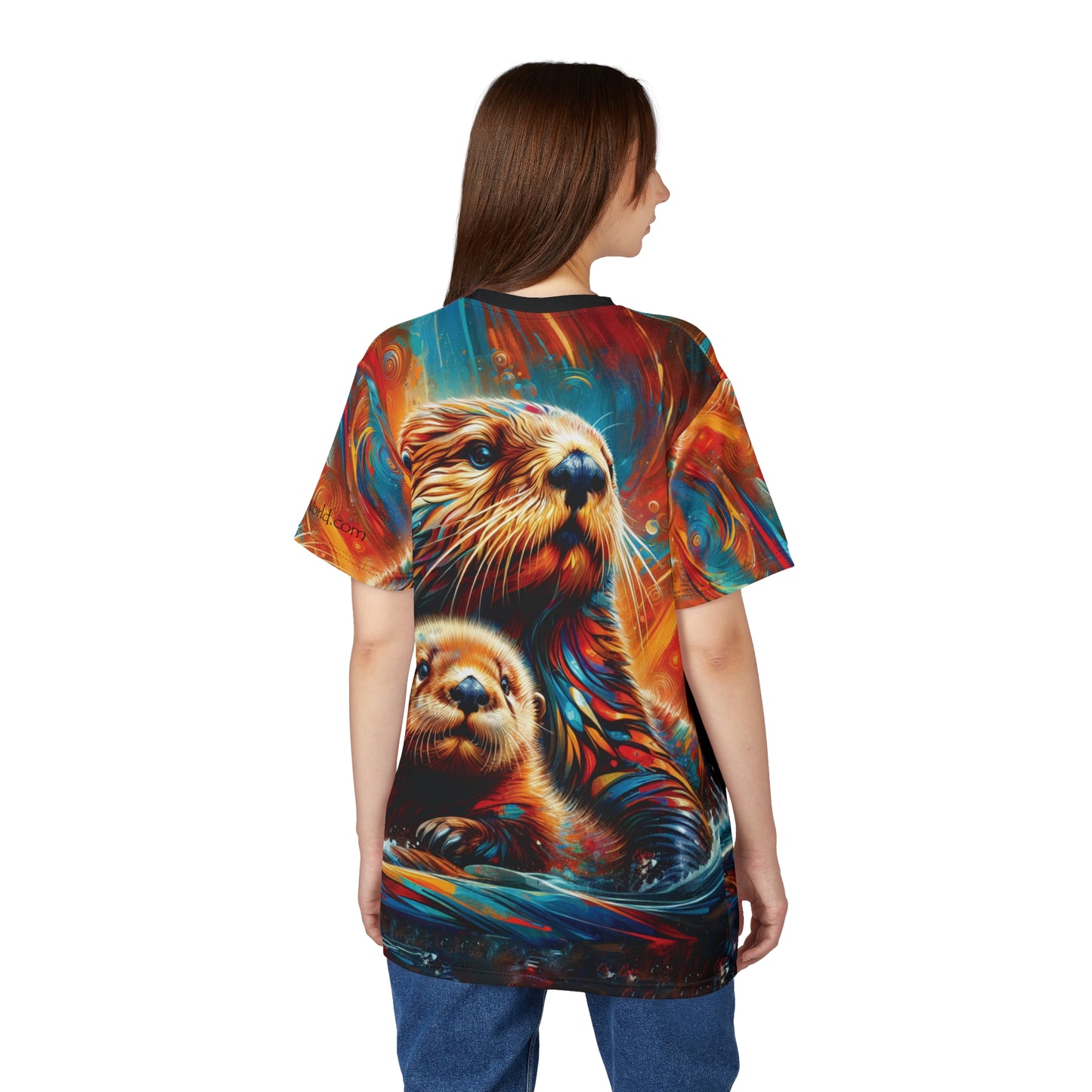 Sea Otters at Sunset Vibrant Art Tee | Colorful Unisex Cut & Sew T-Shirt, Wildlife Apparel, Unique Graphic Tee, Birthday Gift