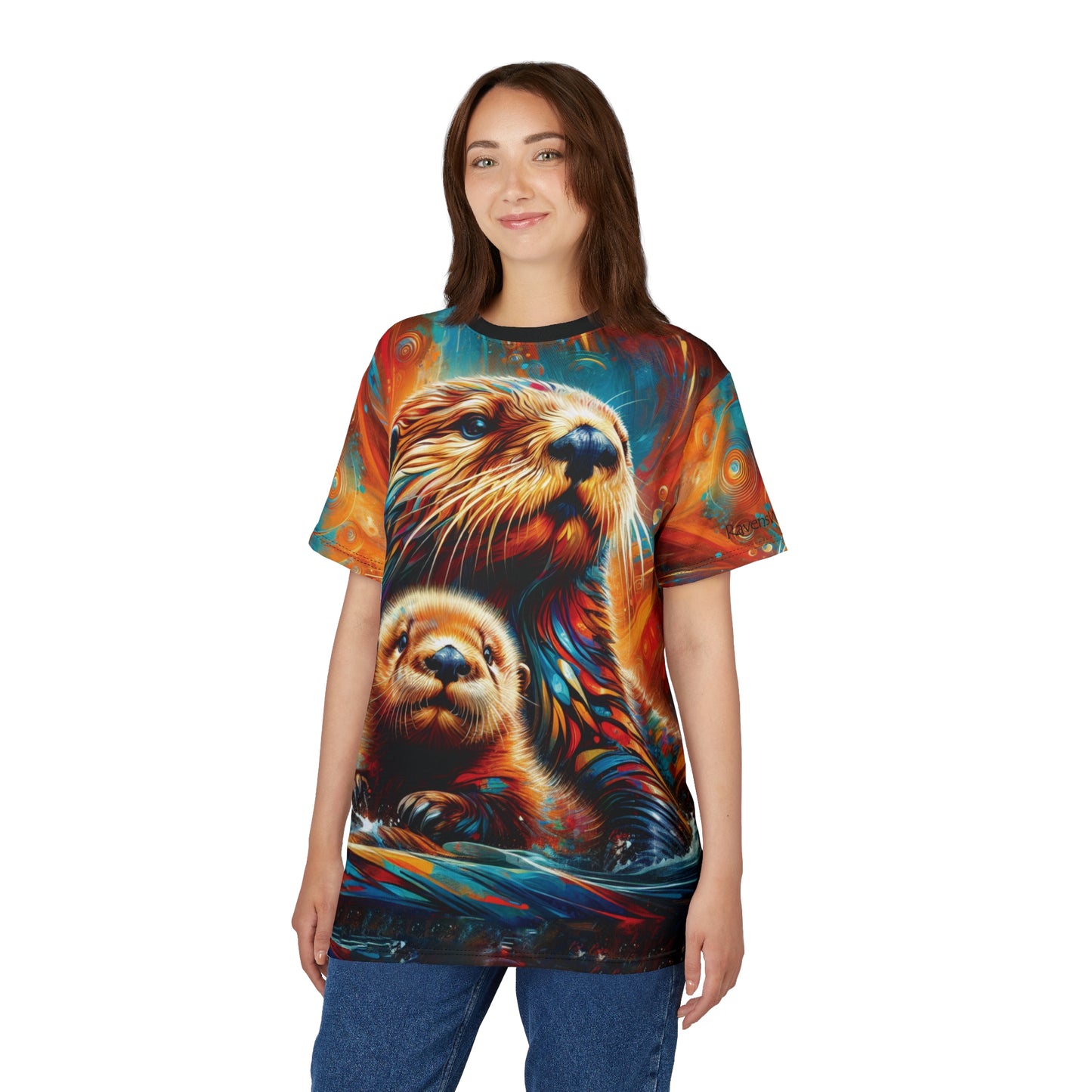 Sea Otters at Sunset Vibrant Art Tee | Colorful Unisex Cut & Sew T-Shirt, Wildlife Apparel, Unique Graphic Tee, Birthday Gift