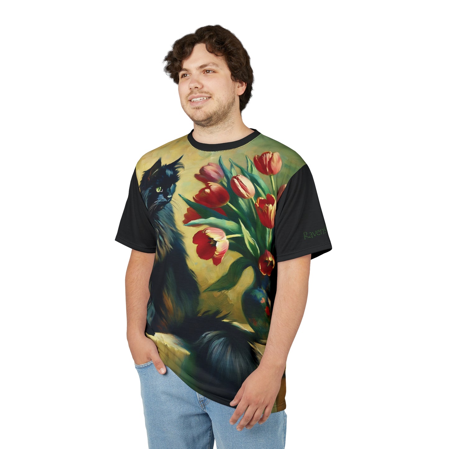 The Artist's Black Cat with Red Tulips Vibrant Art Tee | Colorful Unisex Cut & Sew T-Shirt, Wildlife Apparel, Unique Graphic Tee, Birthday Gift