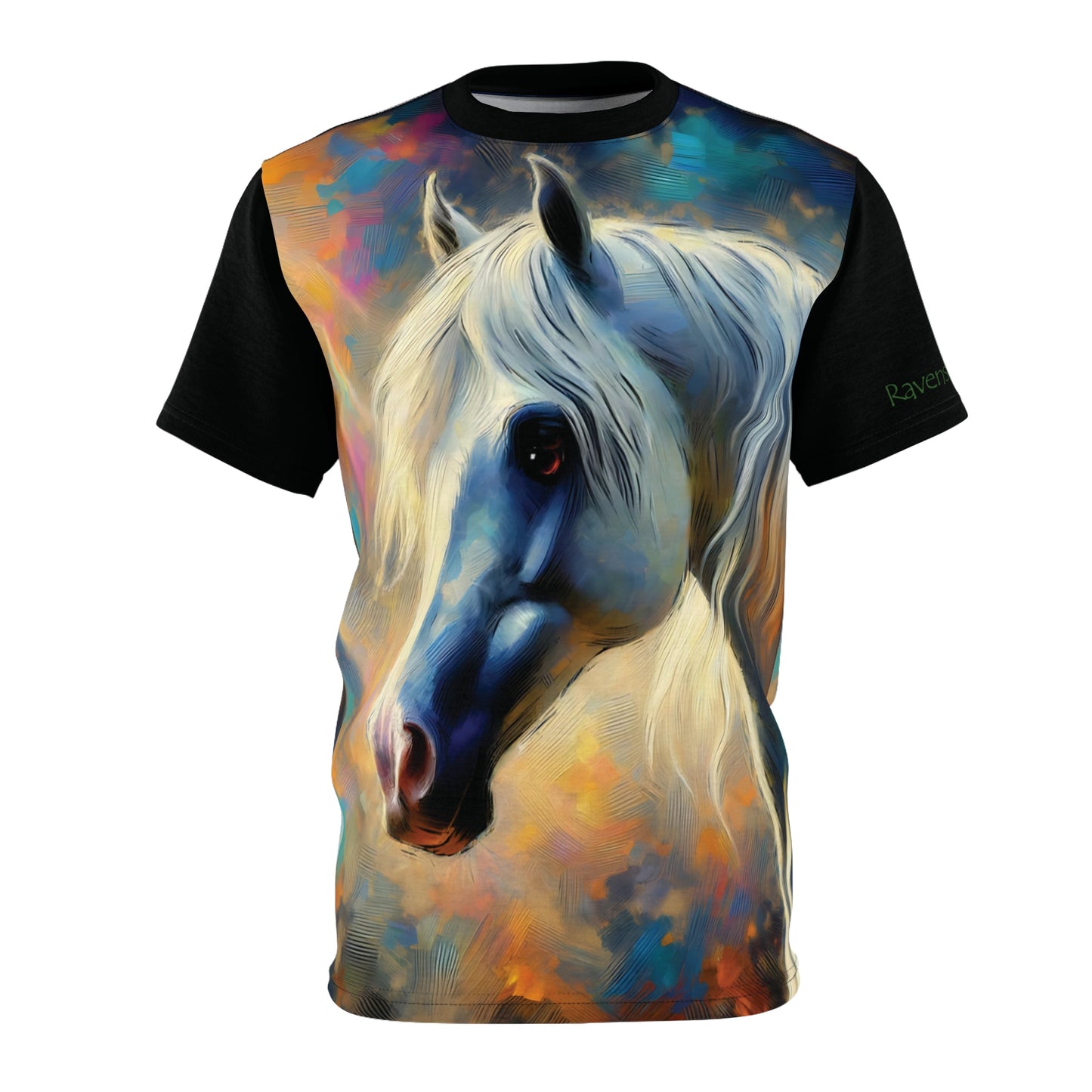 T-shirt with a colorful horse design on a white background