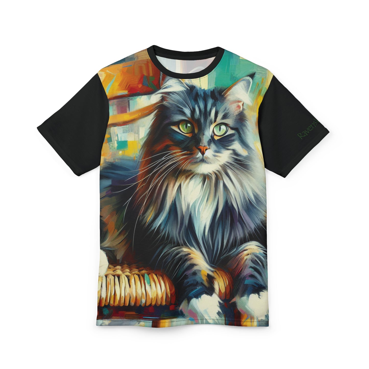 Longhaired Cat on Wooden Chair Vibrant Art Tee | Colorful Unisex Cut & Sew T-Shirt, Wildlife Apparel, Unique Graphic Tee, Birthday Gift