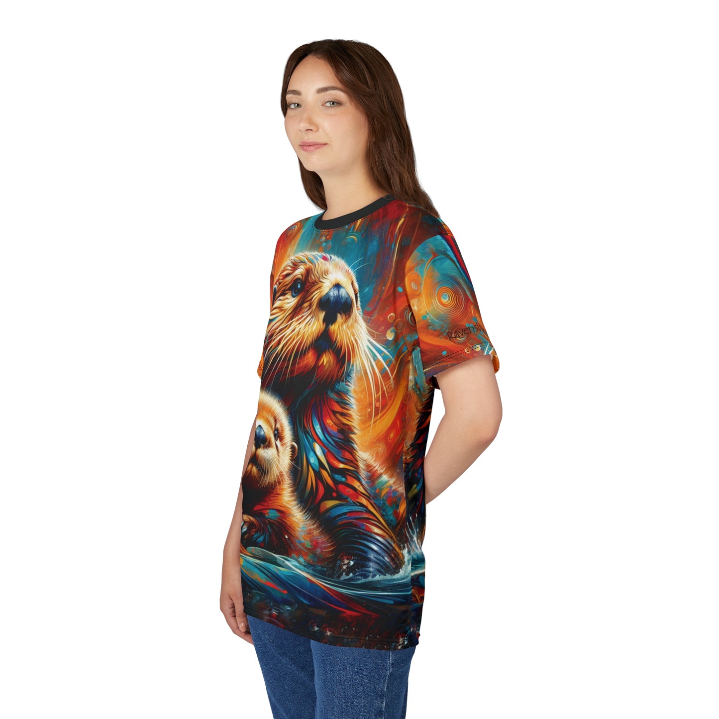 Sea Otters at Sunset Vibrant Art Tee | Colorful Unisex Cut & Sew T-Shirt, Wildlife Apparel, Unique Graphic Tee, Birthday Gift