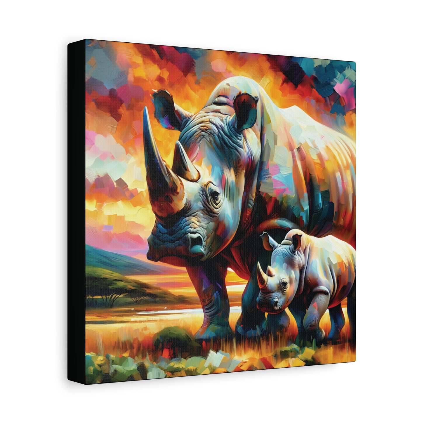 Rhinos at Sunset Expressionist Canvas Art Print