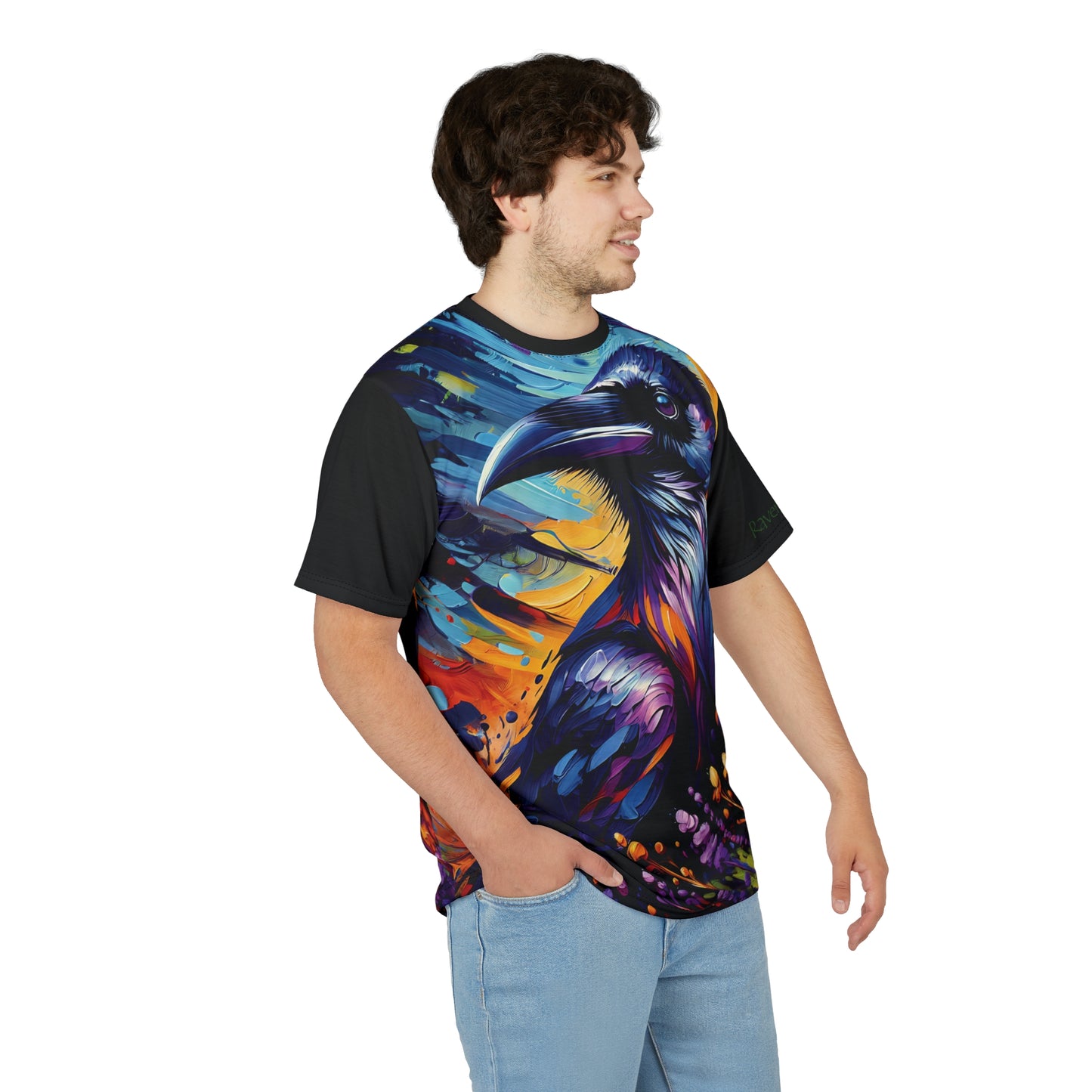 Colorful Raven Portrait Vibrant Art Tee | Colorful Unisex Cut & Sew T-Shirt, Wildlife Apparel, Unique Graphic Tee, Birthday Gift