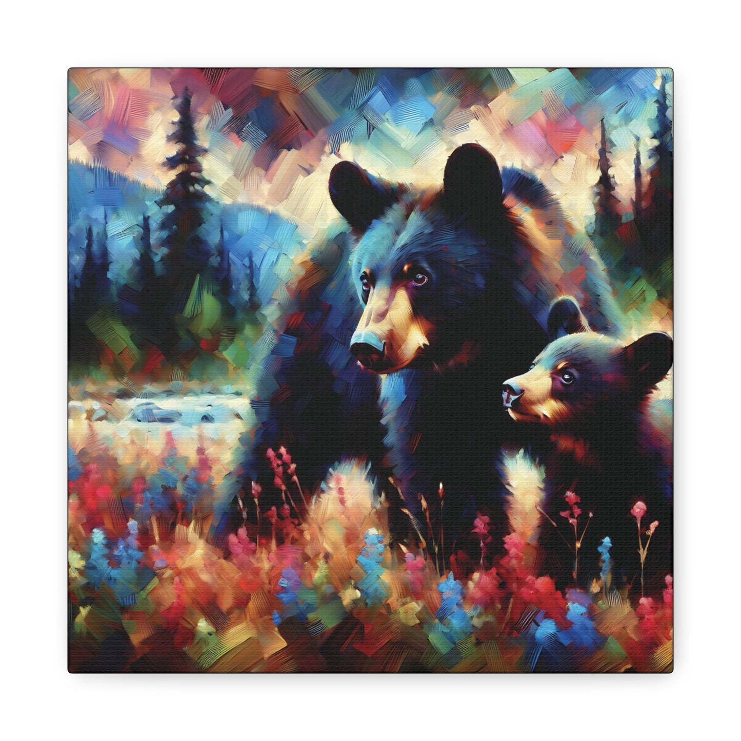 Canvas Wall Art - Black Bear with Cub in Forest Clearing - Contemporary Impressionist Art Print