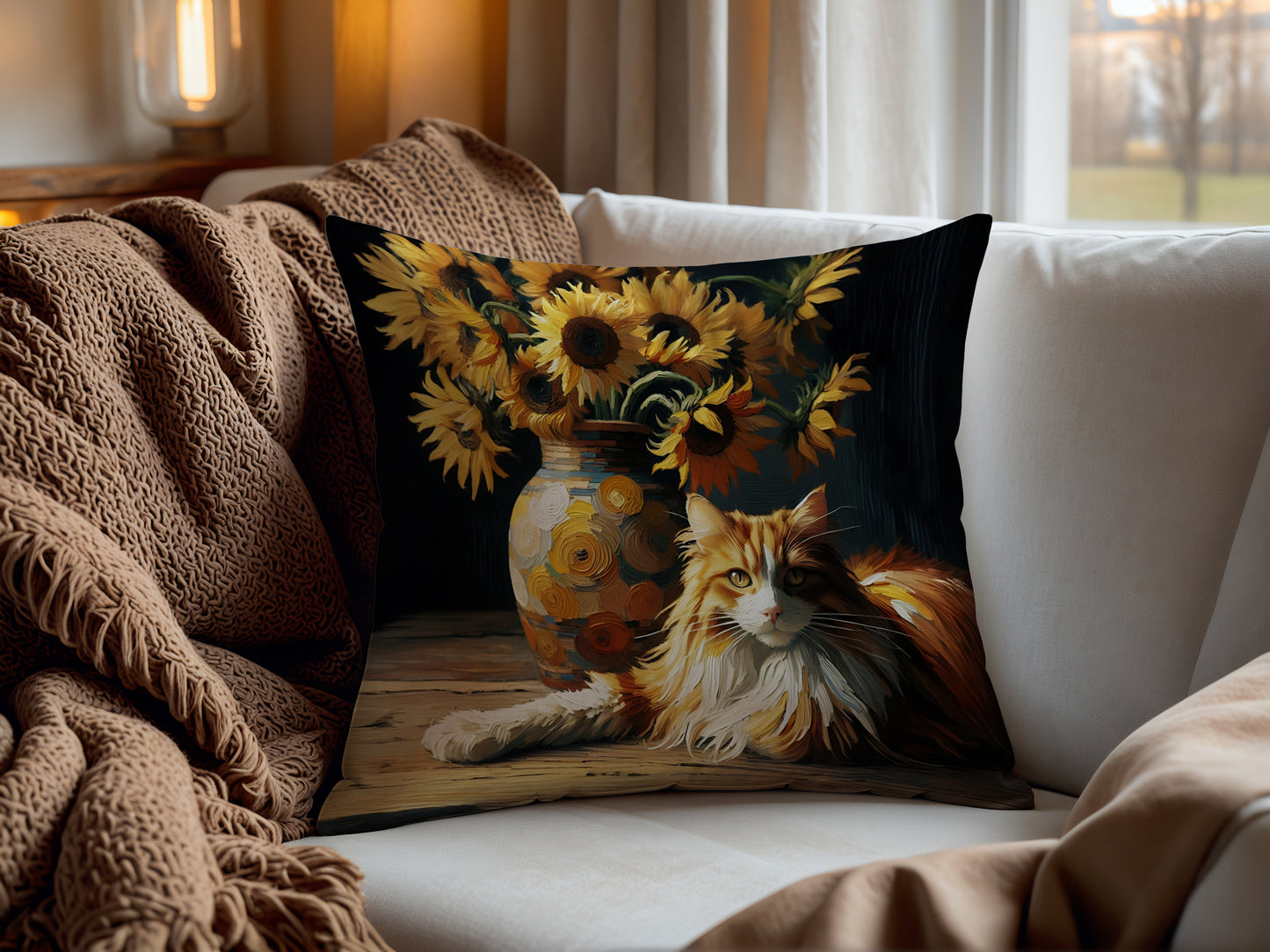 Throw Pillow - Orange and White Cat with Sunflowers Cozy Decorative Cushion - Cozy Faux Suede Cover