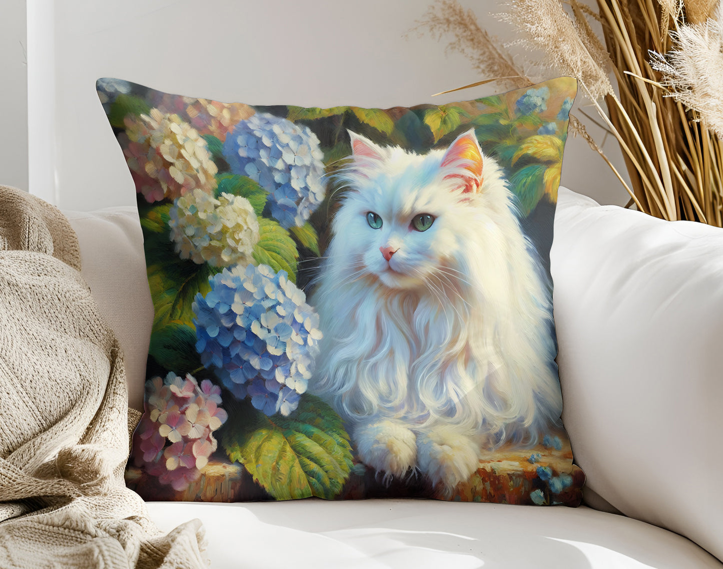 Throw Pillow - The Artist's White Cat with Hydrangeas - Cozy Decorative Cushion