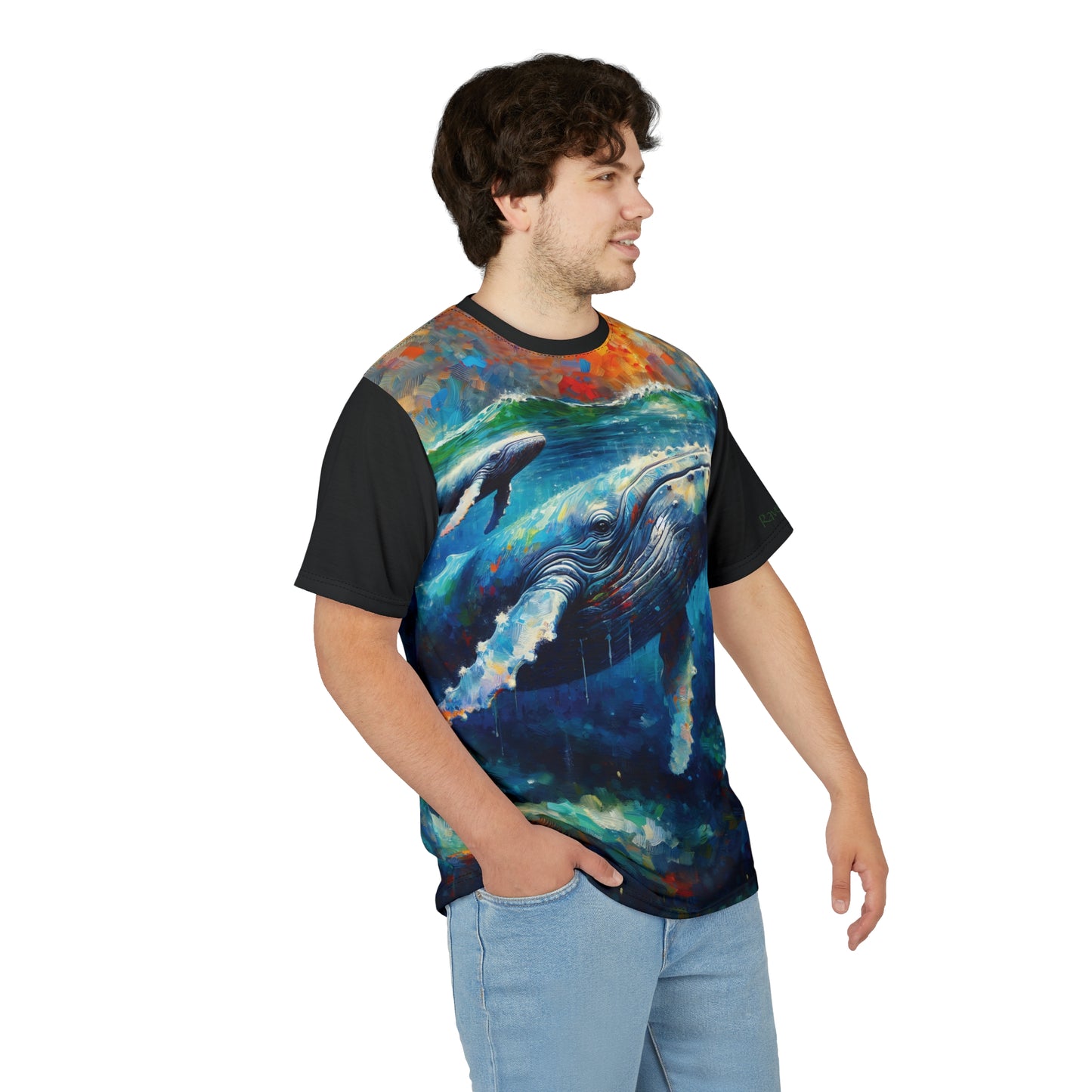 Humpback Whale and Calf Art Tee | Colorful Unisex Cut & Sew T-Shirt, Wildlife Apparel, Unique Graphic Tee