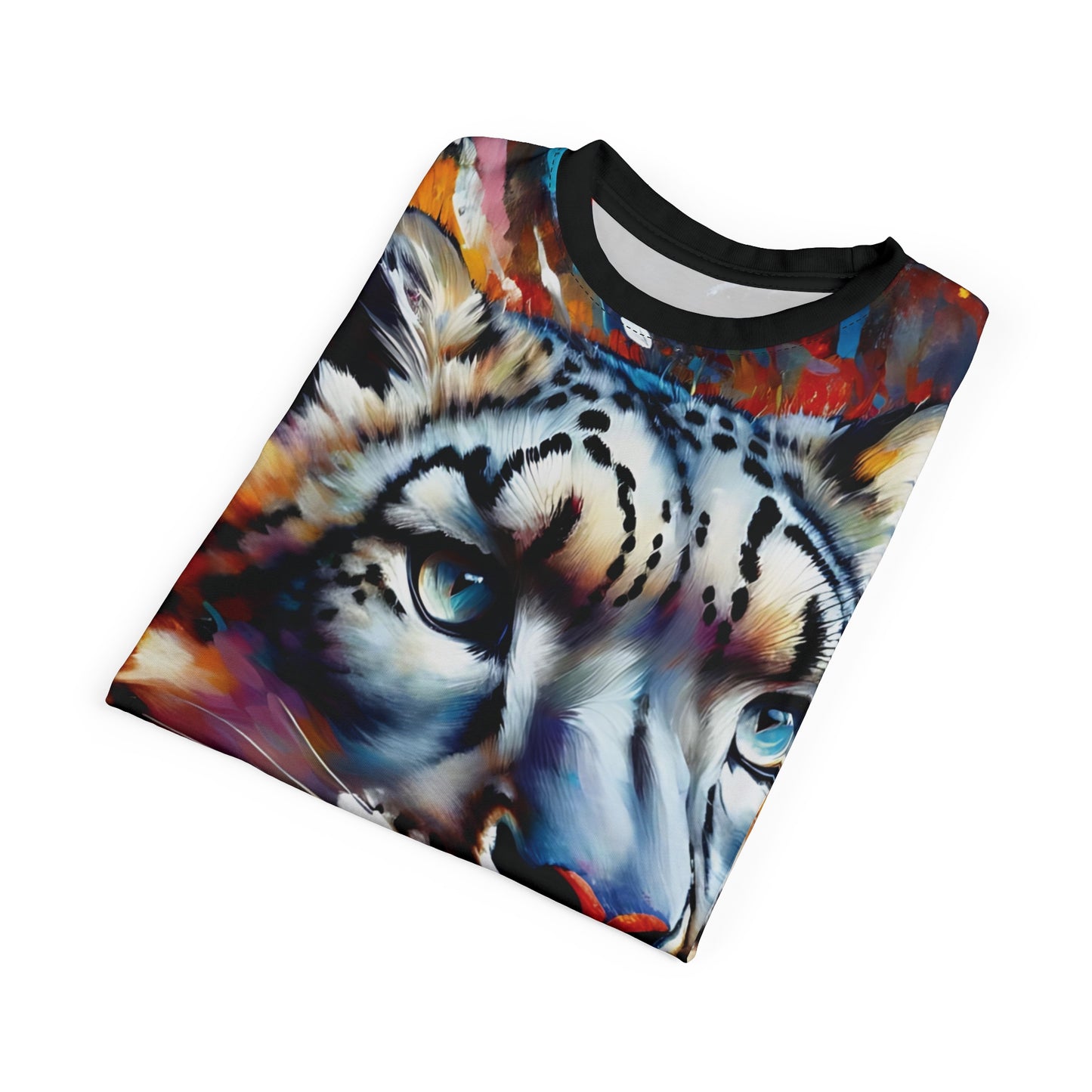 Colorful Snow Leopard Vibrant Art Tee | Colorful Unisex Cut & Sew T-Shirt, Wildlife Apparel, Unique Graphic Tee, Birthday Gift